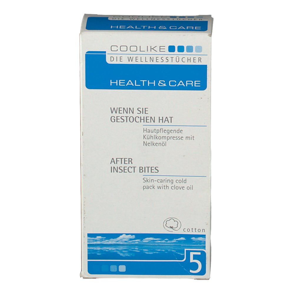 Vorderseite der Coolike Insektentücher Verpackung. Weiß mit blauen Akzenten. Text: Health & Care, After Insect Bites, 5 Tücher.