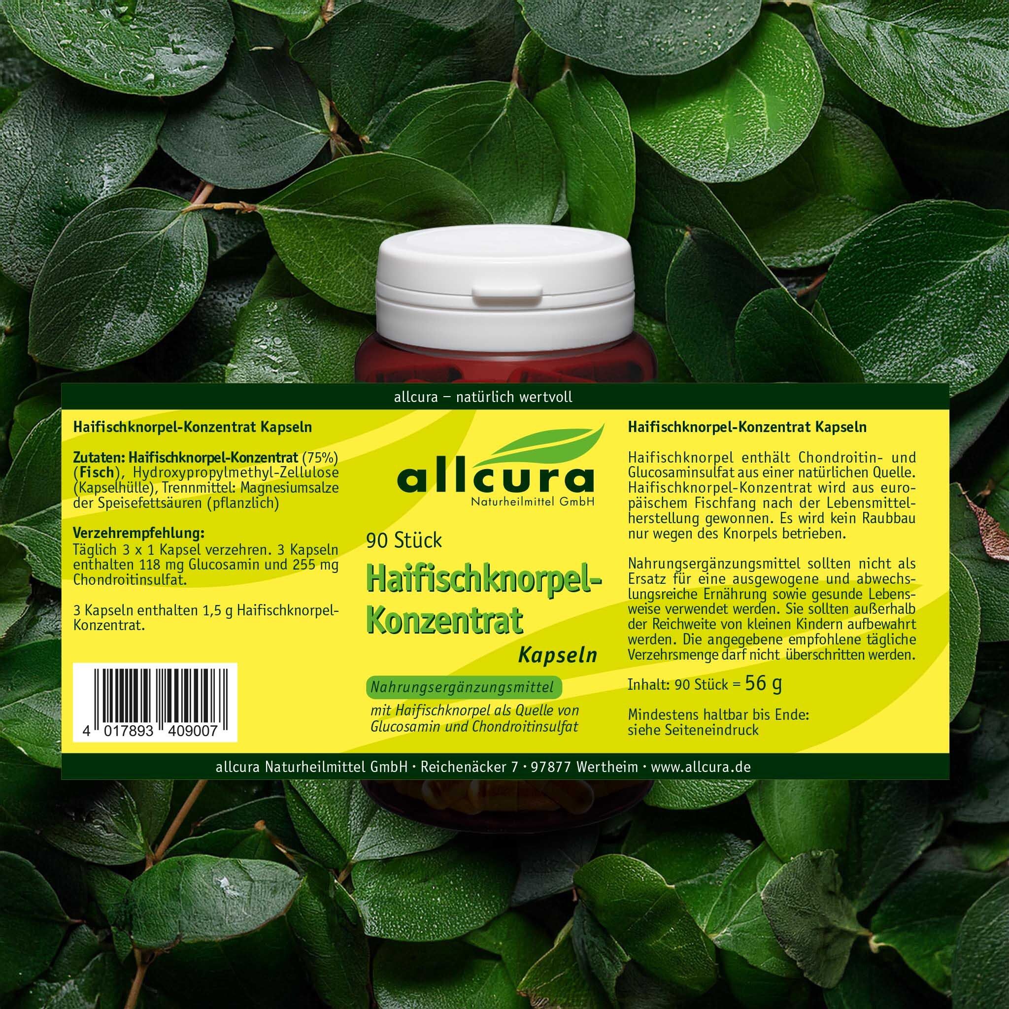 Braune Flasche mit Kapseln, umgeben von grünen Blättern. Aufschrift: allcura, 90 Stück, Haifischknorpel-Konzentrat Kapseln.