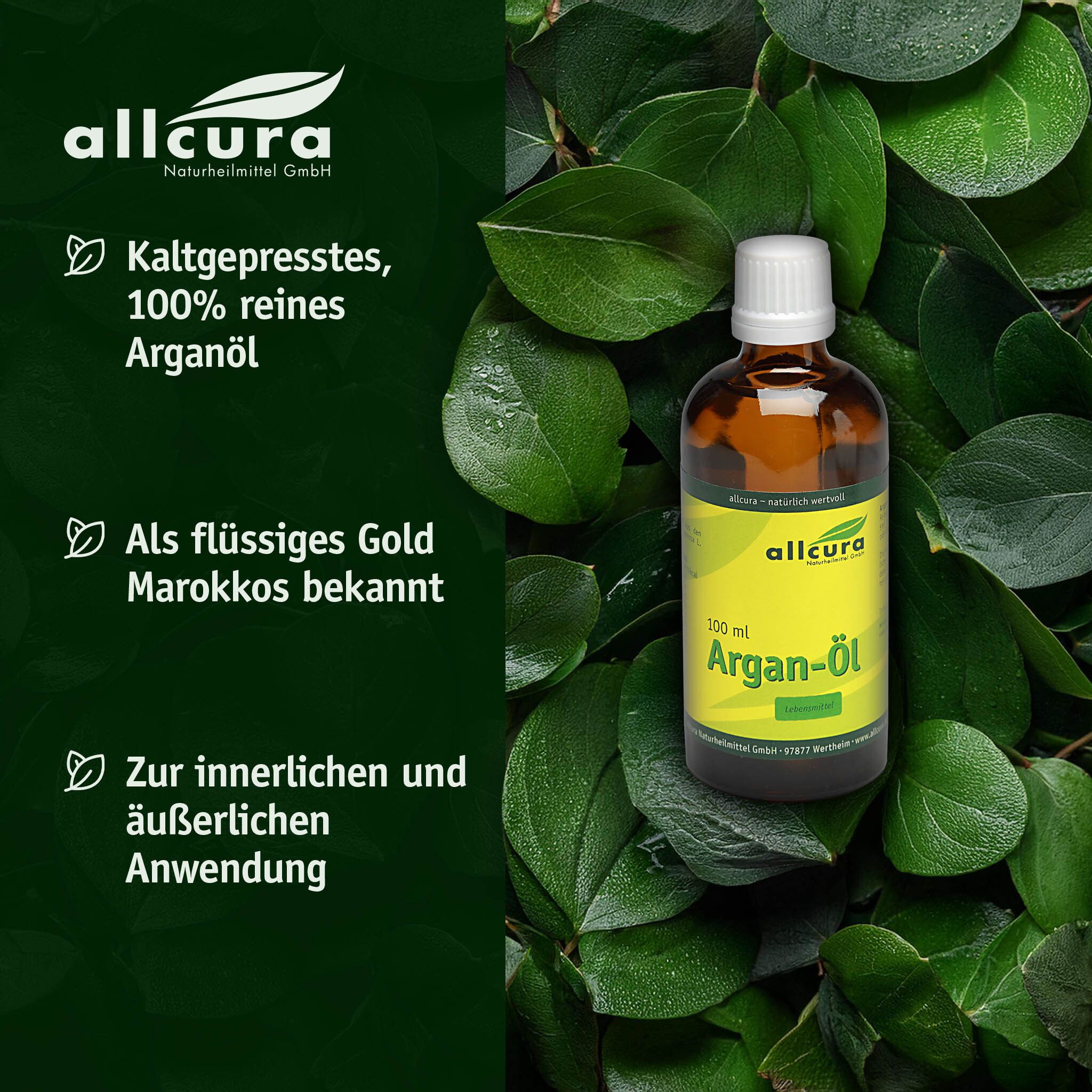 Braune Glasflasche mit weißem Verschluss, umgeben von Blättern. Gelbes Etikett mit grünem Text: Argan-Öl. Marke: allcura.