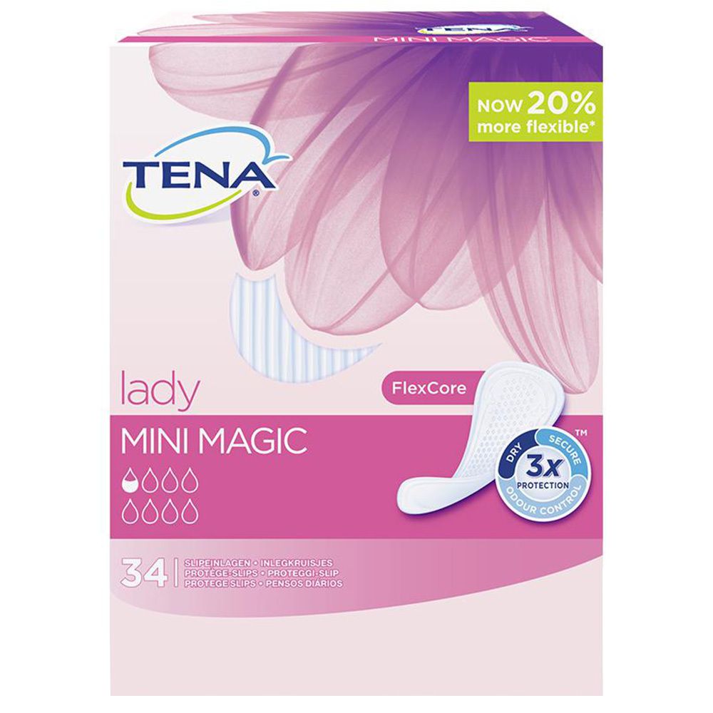 Verpackung von TENA Lady Mini Magic. Rosa-weiße Verpackung mit Produktabbildung und Schriftzug. Enthält 34 Stück. FlexCore-Technologie.