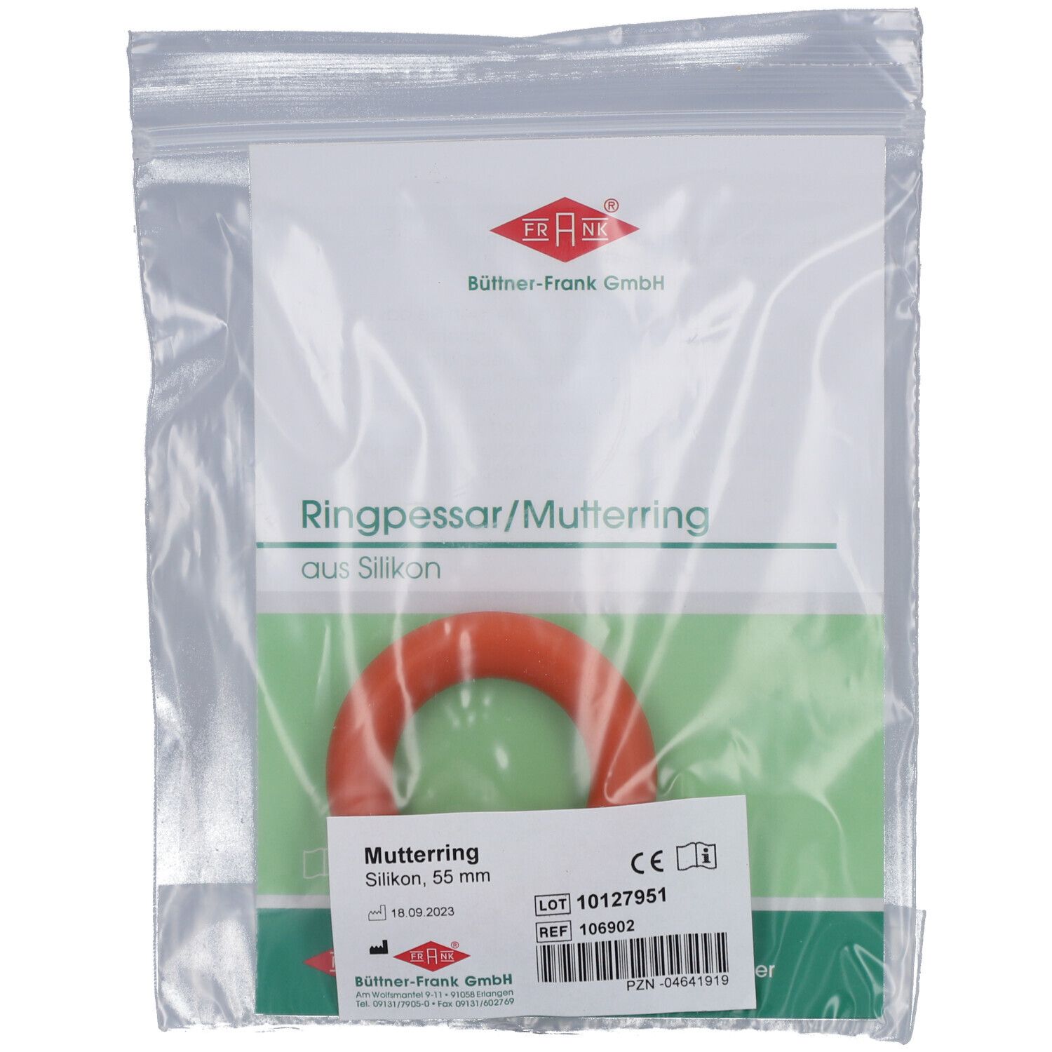 Ringpessar aus Silikon, 55 mm, orange. In Plastikverpackung mit Beipackzettel. CE-Kennzeichnung.