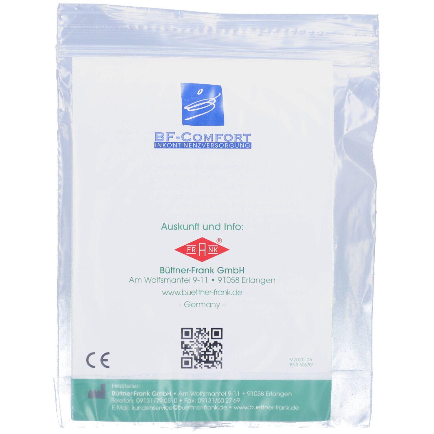 Rückseite der Verpackung mit Firmenlogo und Kontaktinformationen. CE-Kennzeichnung.