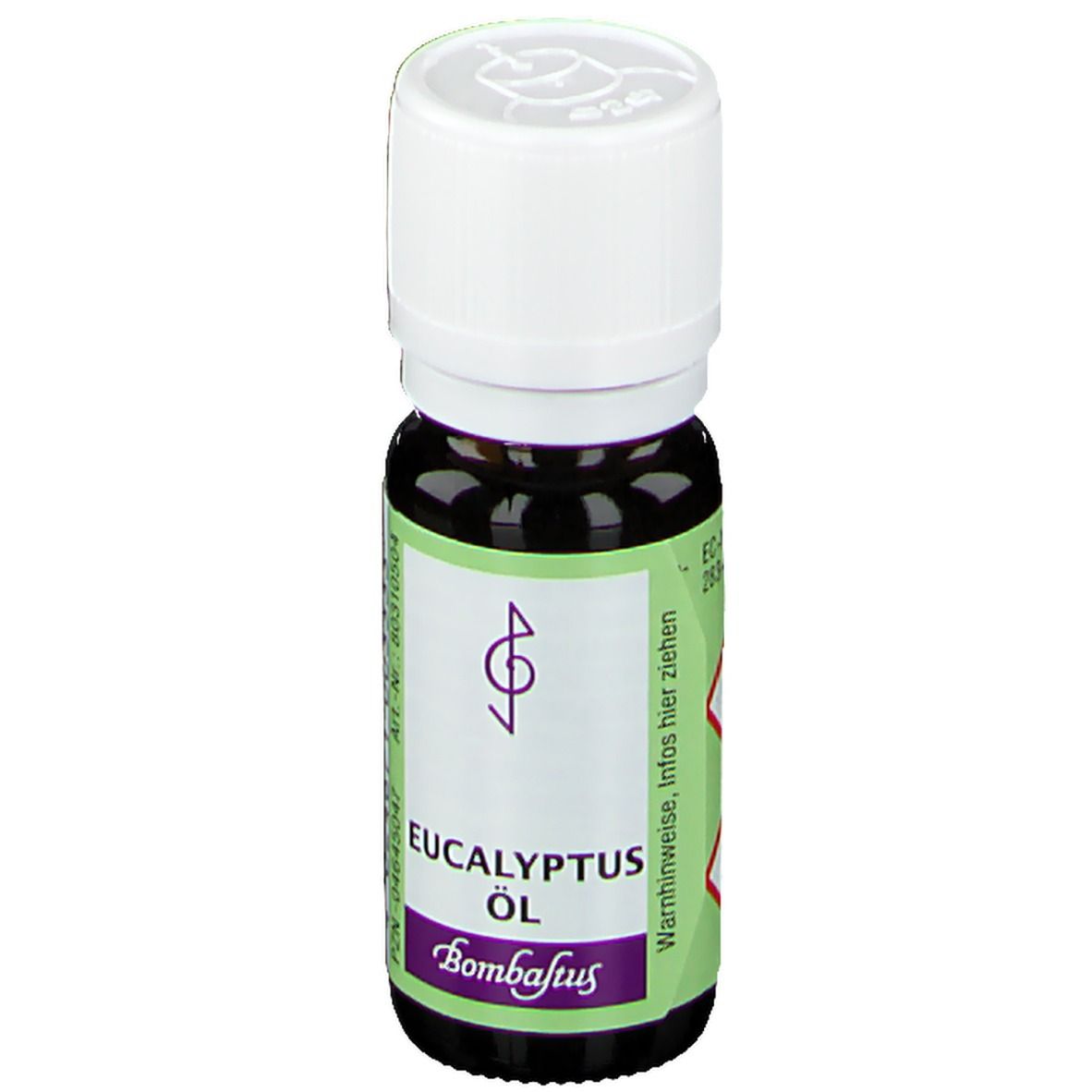 Braune Glasflasche mit weißem Deckel. Etikett mit "Eucalyptus Öl" und "Bombastus".