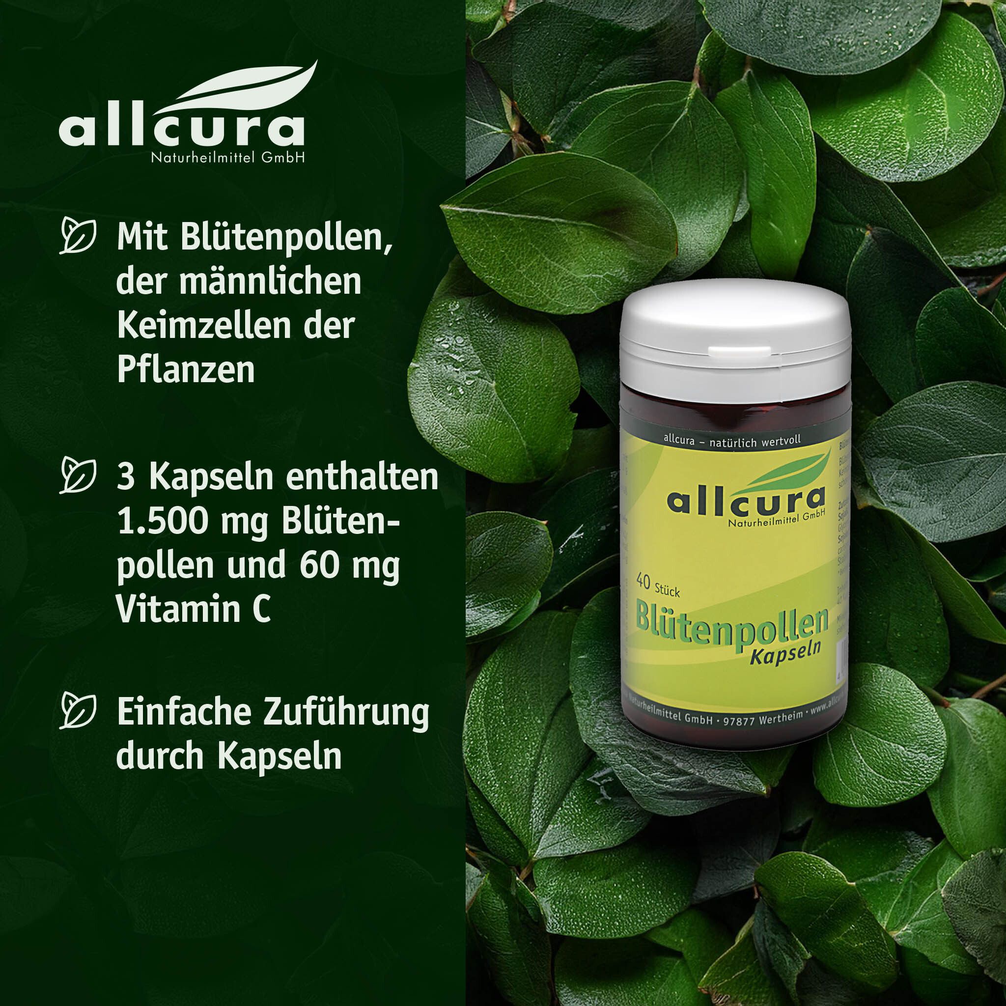 Braune Dose mit weißem Deckel, umgeben von Blättern. Aufschrift: allcura Blütenpollen Kapseln. 40 Stück.