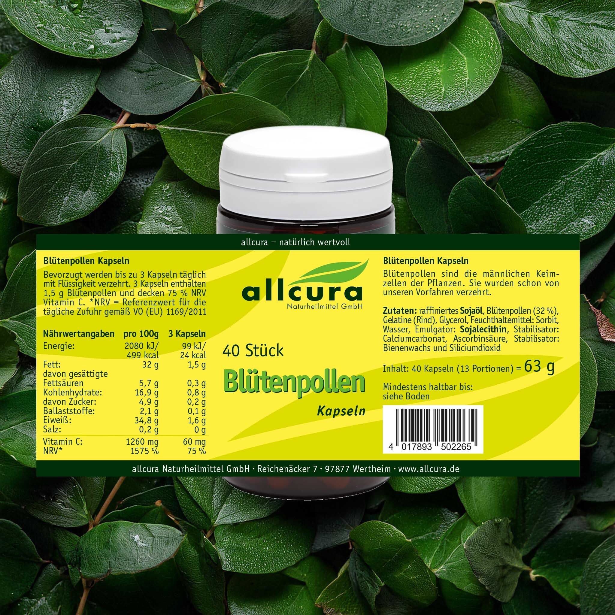Braune Dose mit weißem Deckel, umgeben von Blättern. Aufschrift: allcura Blütenpollen Kapseln. 40 Stück. Gelbes Etikett.