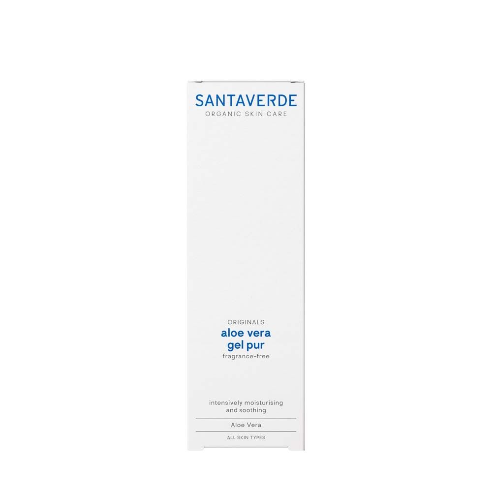 Weiße Verpackung mit SANTAVERDE-Logo und Aufschrift Aloe vera gel pur ohne Duft. Für alle Hauttypen.