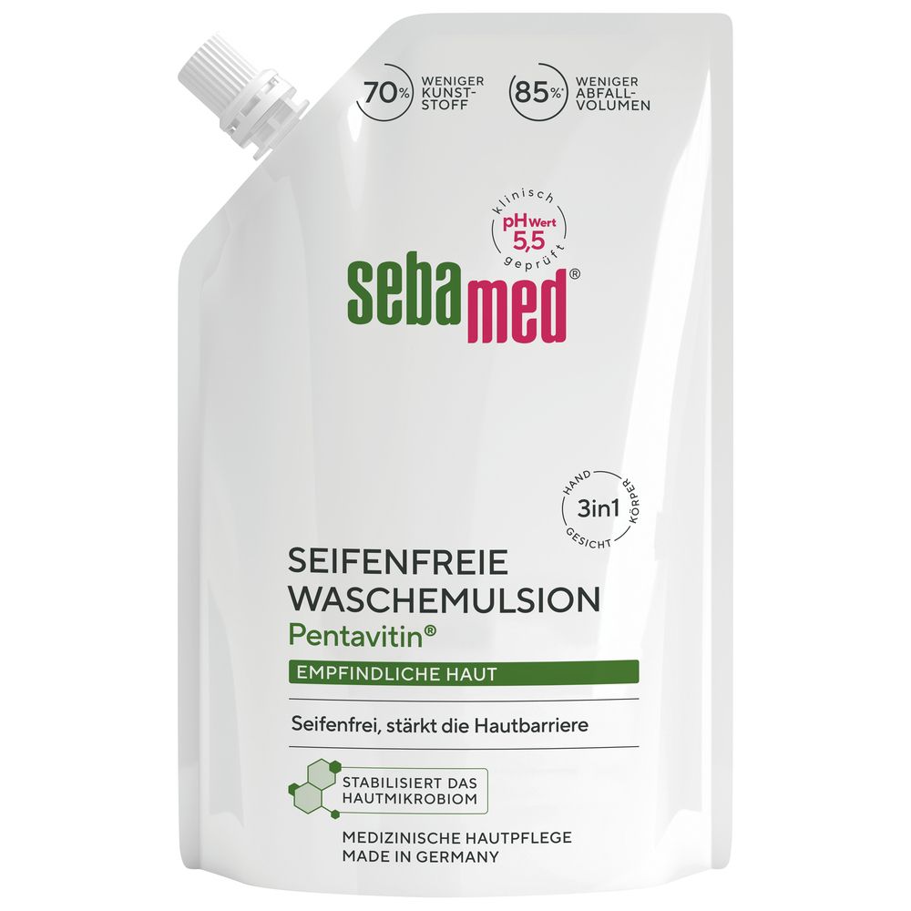Nachfüllbeutel sebamed® Flüssig Wasch-Emulsion. Weißer Beutel mit grünem Logo und Text. pH-Wert 5,5. 3in1 für Hand, Gesicht, Körper. Made in Germany.