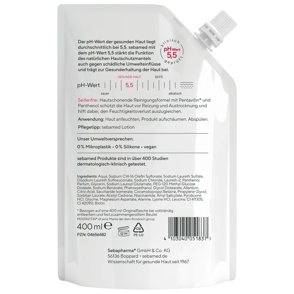 Rückseite des Nachfüllbeutels sebamed® Flüssig Wasch-Emulsion. Text über pH-Wert, Inhaltsstoffe, Anwendung. 400ml. Herstellerinformationen und Barcode.