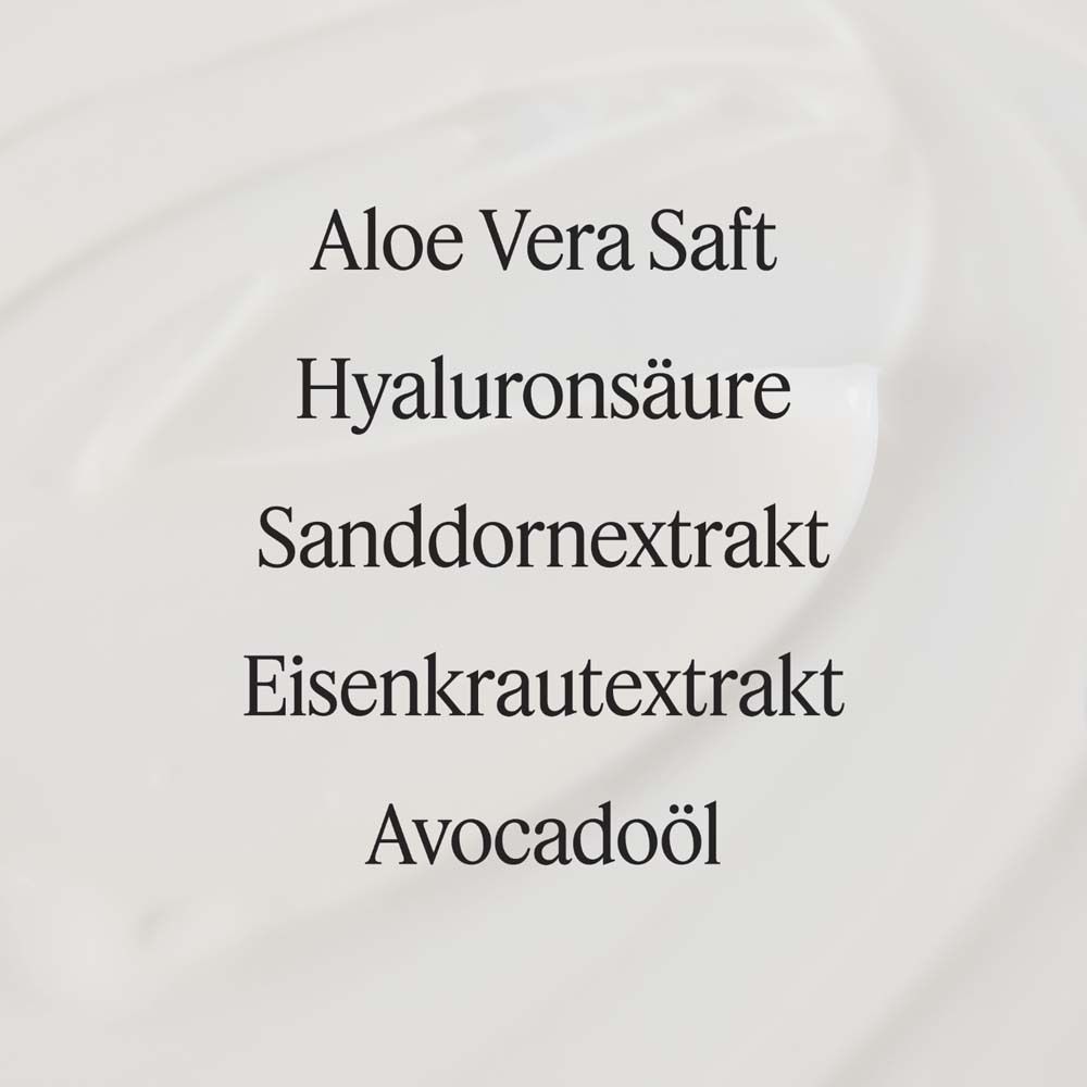 Textliste: Aloe Vera Saft, Hyaluronsäure, Sanddornextrakt, Eisenkrautextrakt, Avocadoöl.