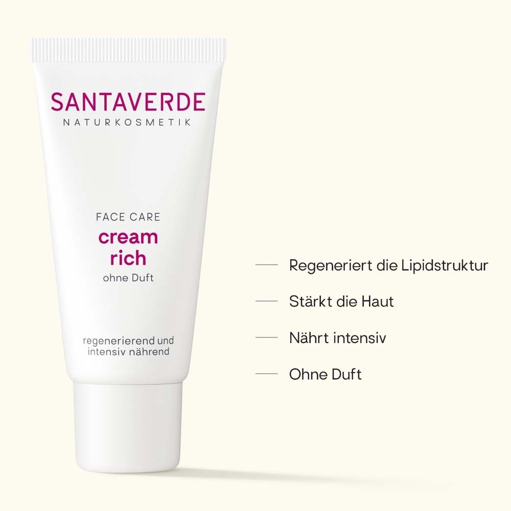 Weiße Tube mit SANTAVERDE-Logo und Text. Text: "cream rich ohne Duft".