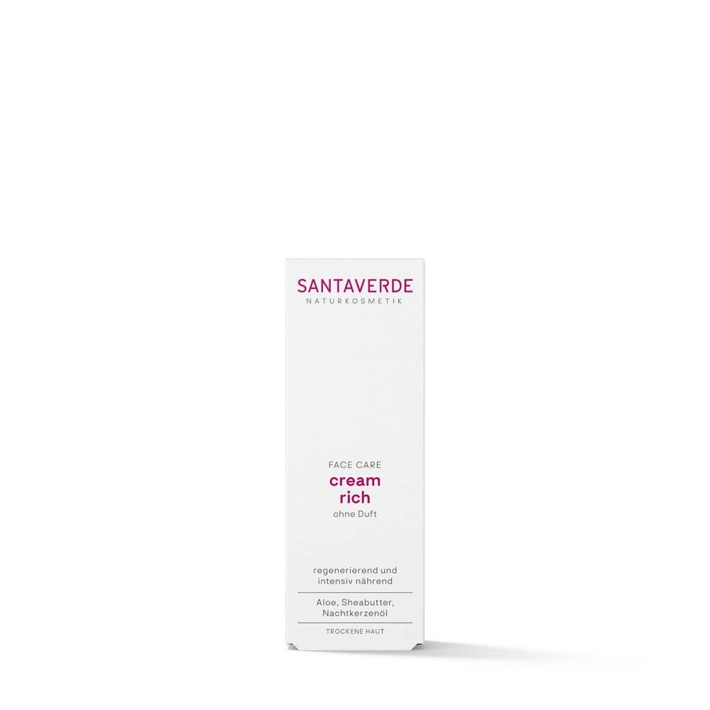 Weiße Verpackung mit SANTAVERDE-Logo und Aufschrift "cream rich ohne Duft".