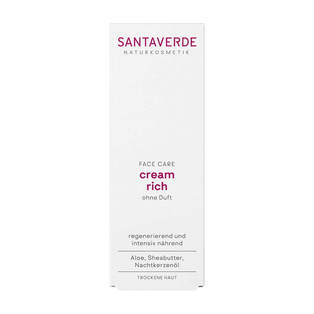 Verpackung: SANTAVERDE Aloe Vera Creme rich ohne Duft, mit Inhaltsstoffen.