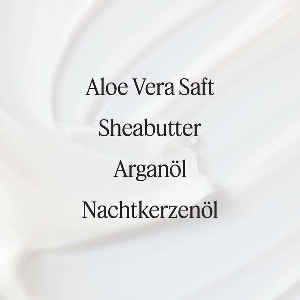 Text: Aloe Vera Saft, Sheabutter, Arganöl, Nachtkerzenöl. Auf weißem Hintergrund.