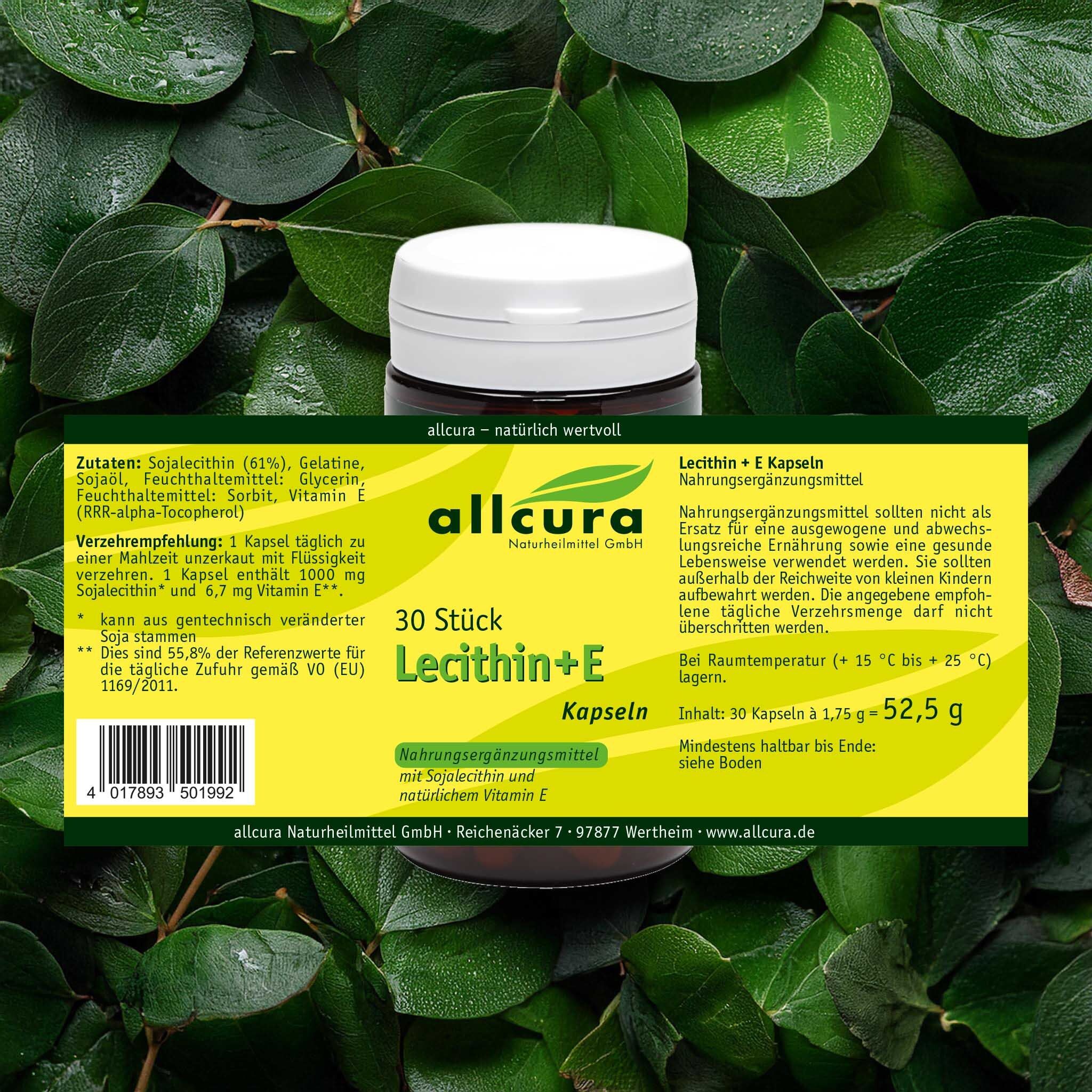 Dose mit Etikett vor grünem Hintergrund. Aufschrift: allcura Lecithin+E Kapseln, 30 Stück. Nahrungsergänzungsmittel.