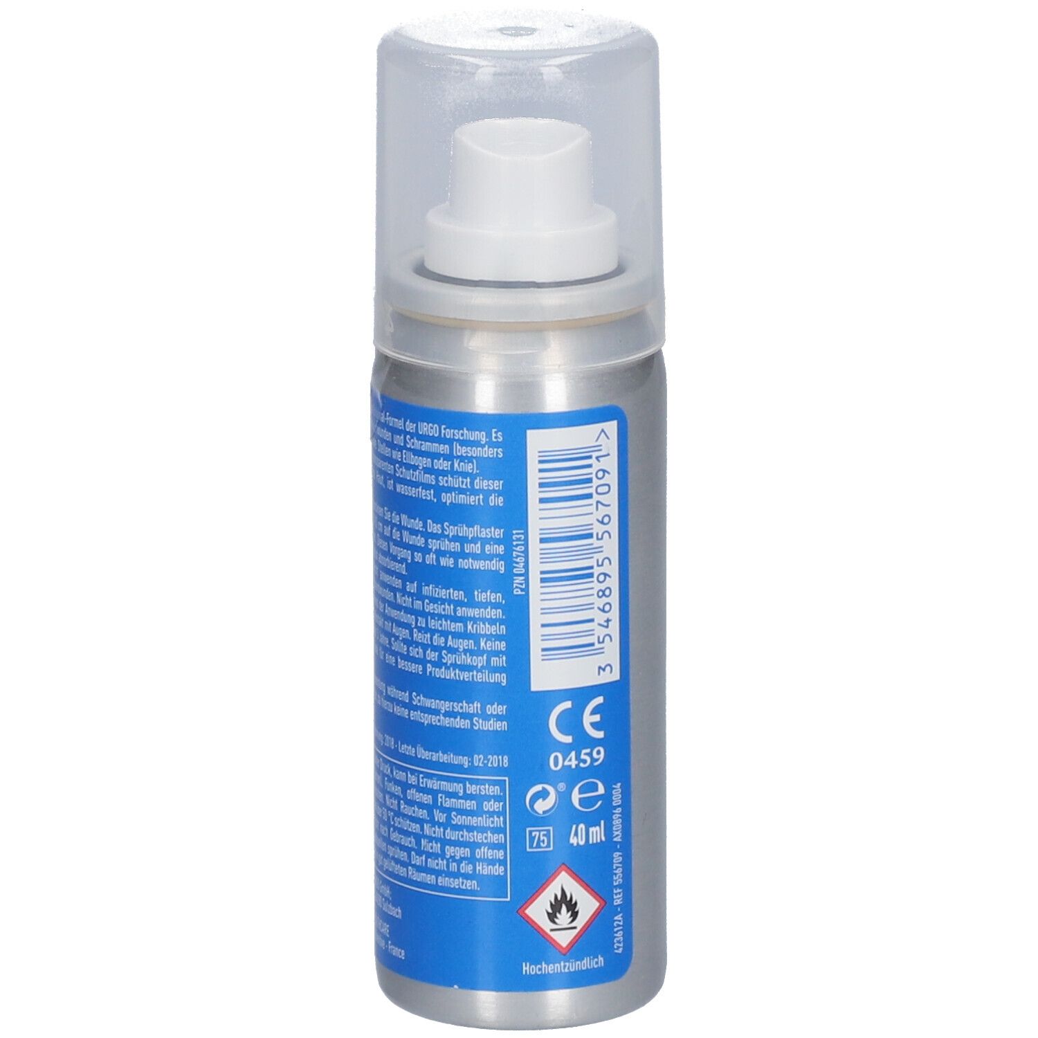 Silberne Sprühflasche mit weißem Sprühkopf und transparentem Deckel. Rückseite mit Text, CE-Kennzeichnung und Piktogrammen.