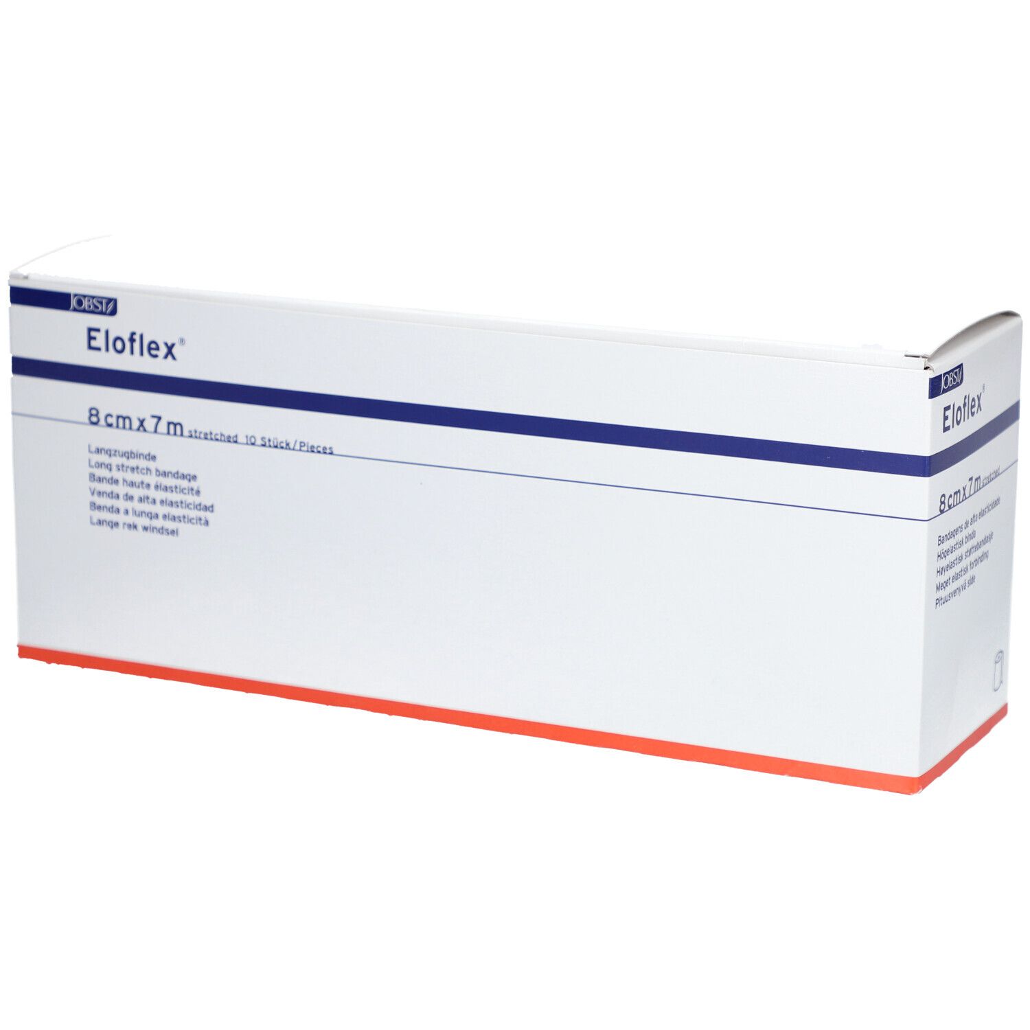 Eloflex-Verpackung. 8 cm x 7 m. Weiße Box mit blauer Linie und rotem Akzent. Text in mehreren Sprachen.