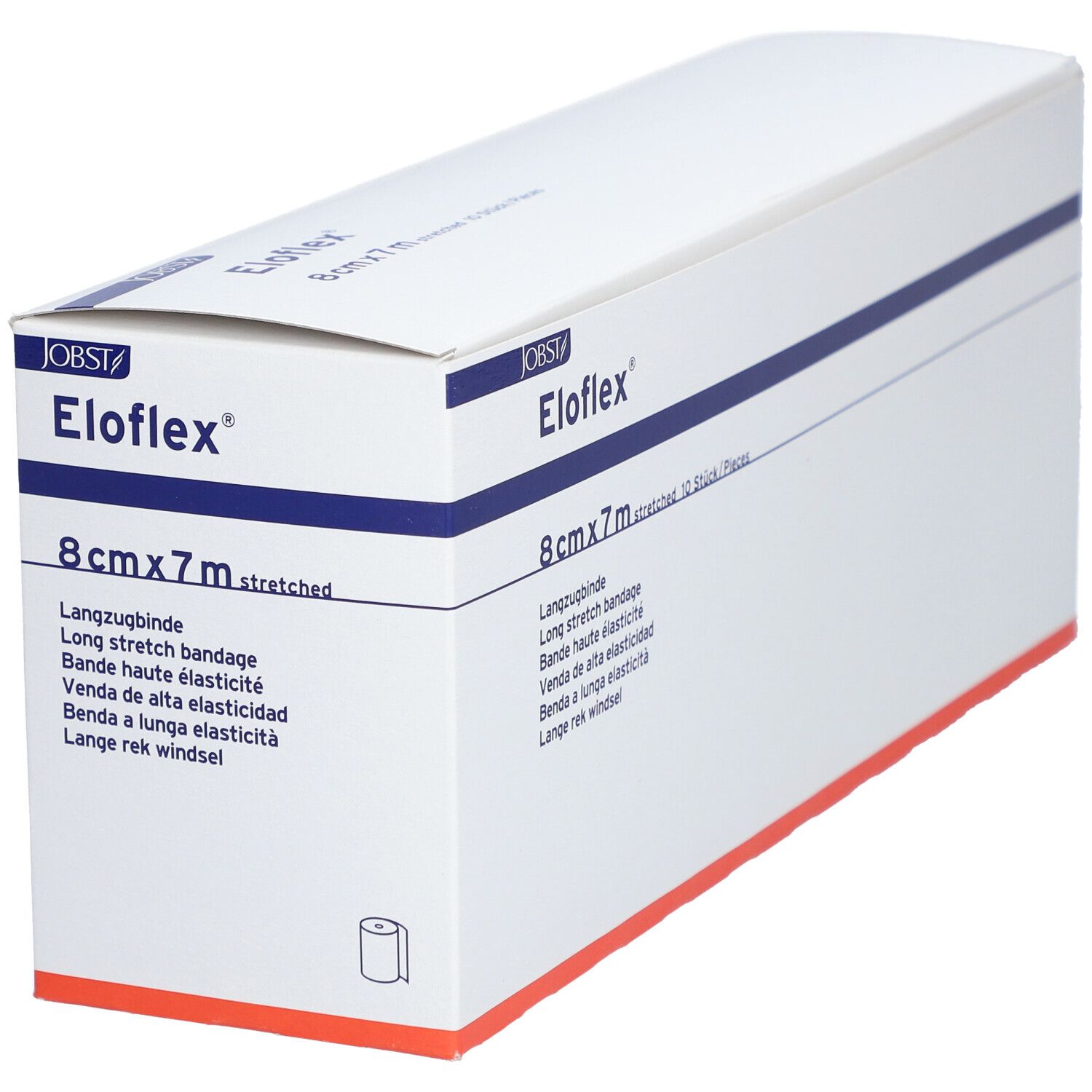 Eloflex-Verpackung. 8 cm x 7 m. Weiße Box mit blauer Linie und rotem Akzent. Text in mehreren Sprachen.