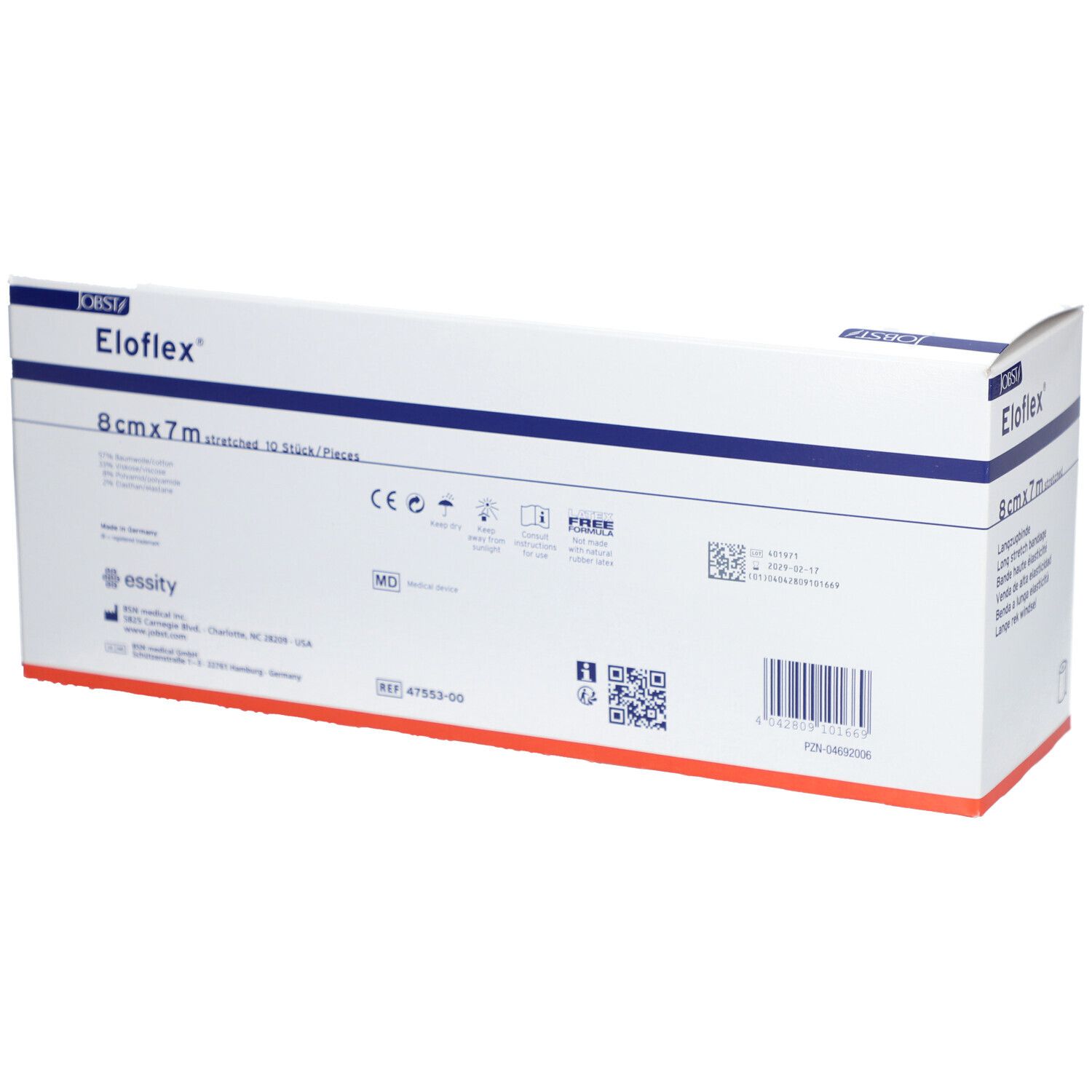 Eloflex-Verpackung. 8 cm x 7 m. Weiße Box mit blauer Linie und rotem Akzent. Text in mehreren Sprachen. CE-Kennzeichnung.
