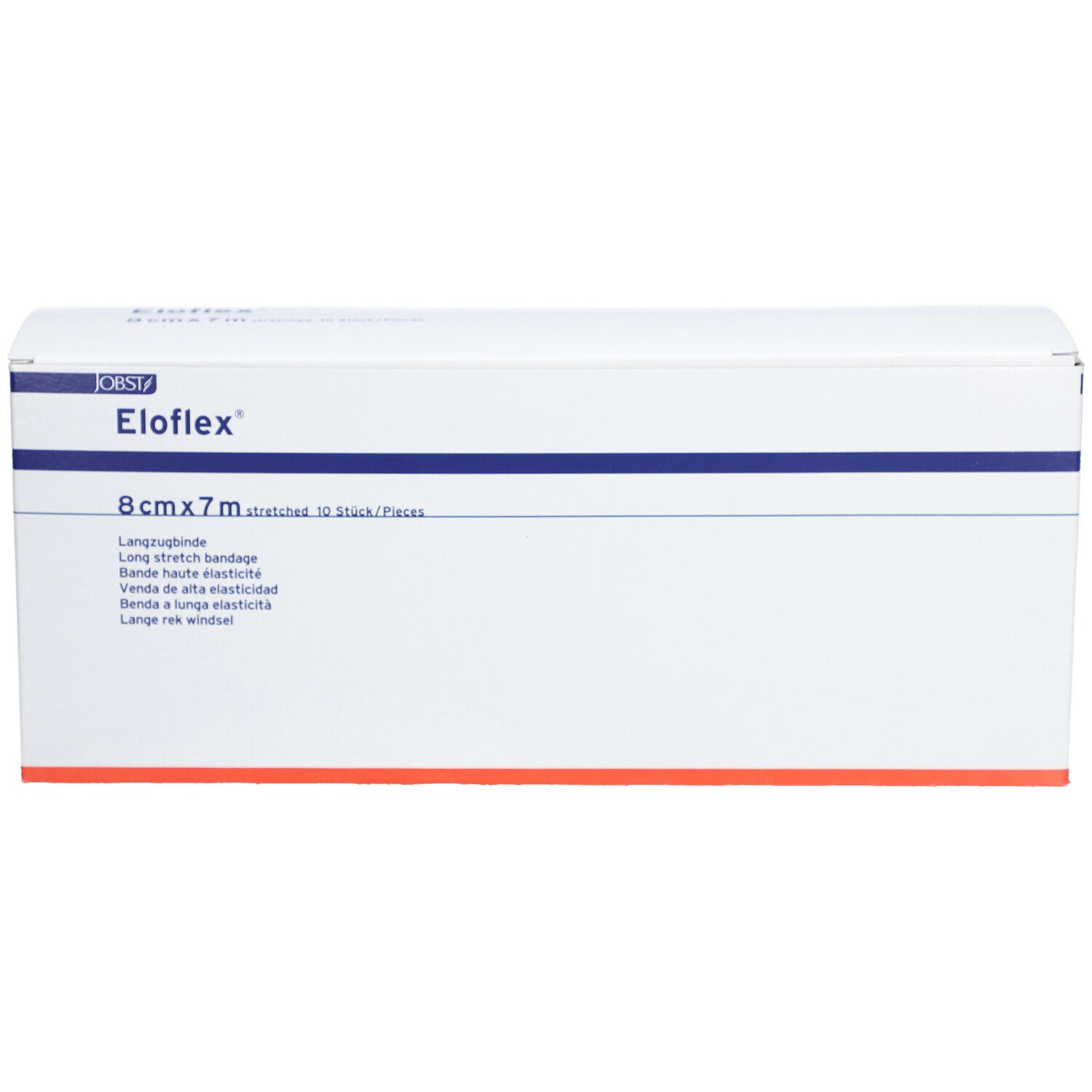 Eloflex-Verpackung. 8 cm x 7 m. Weiße Box mit blauer Linie und rotem Akzent. Text in mehreren Sprachen.