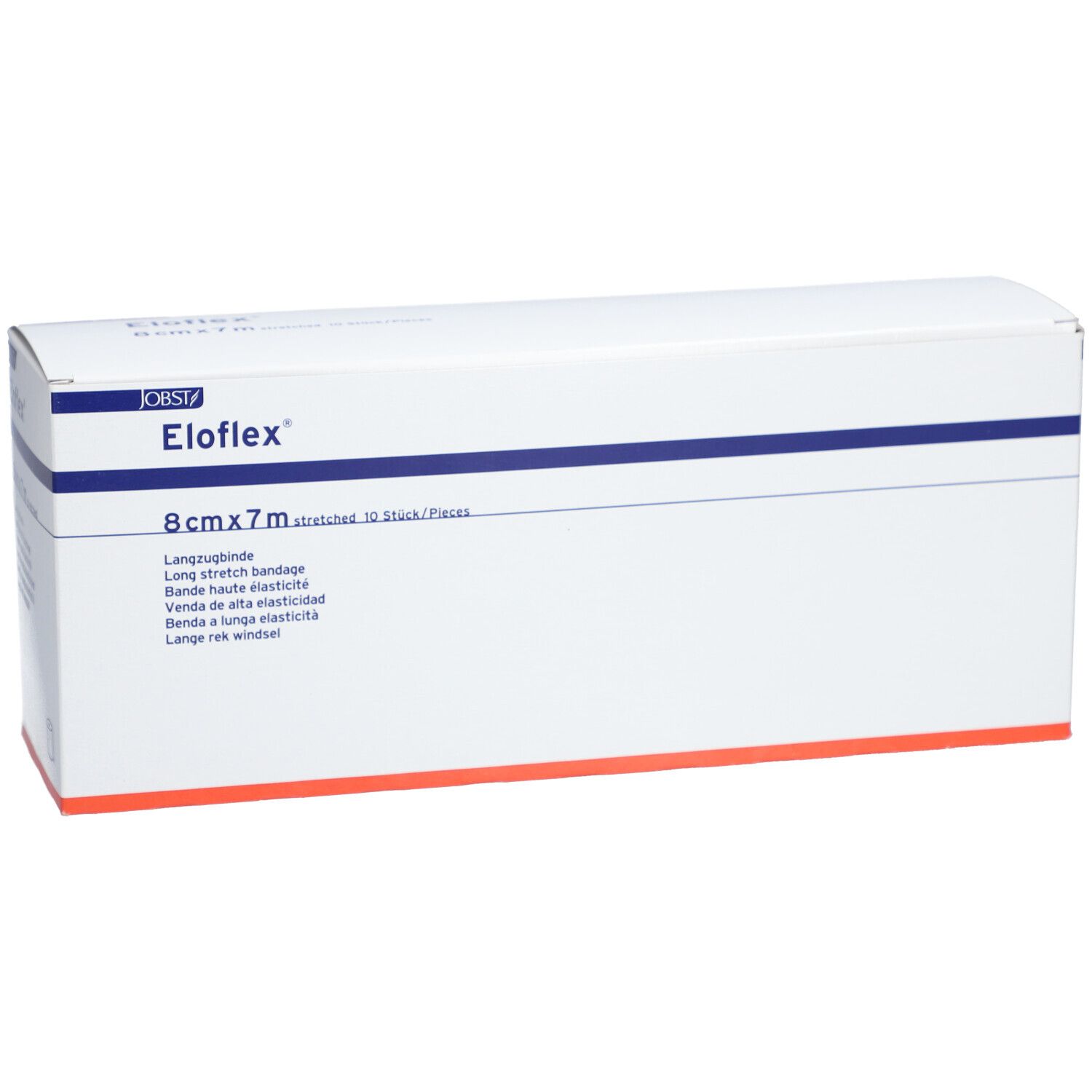 Eloflex-Verpackung. 8 cm x 7 m. Weiße Box mit blauer Linie und rotem Akzent. Text in mehreren Sprachen.