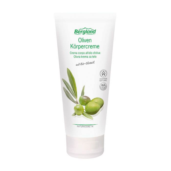 Weiße Tube mit Oliven-Illustration und Schriftzug. "Bergland Oliven Körpercreme Bio" ist lesbar.