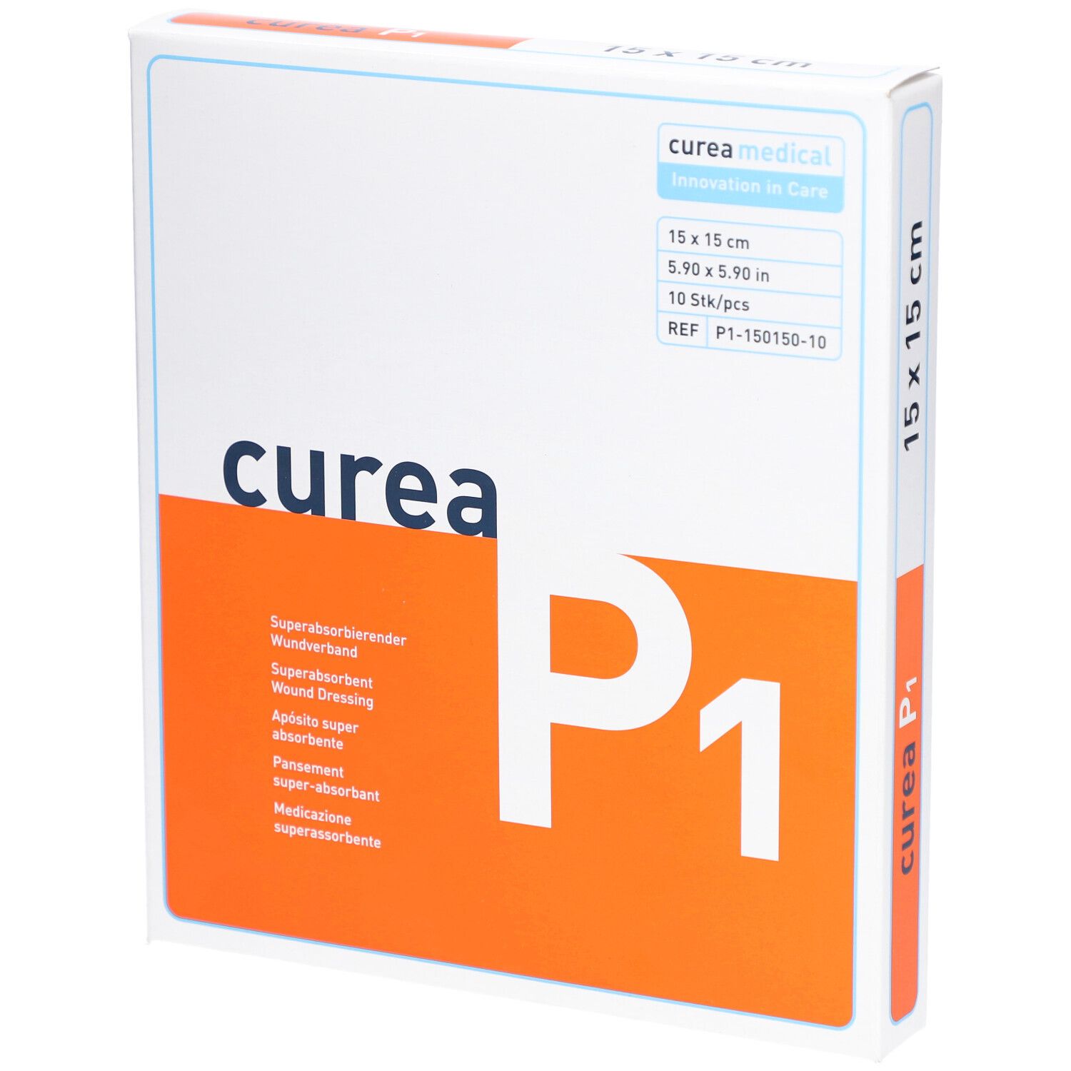 Verpackung von curea P1 Wundverband. Weiß-orangefarbener Karton mit Produktinformationen und Logo. Größe: 15 x 15 cm.