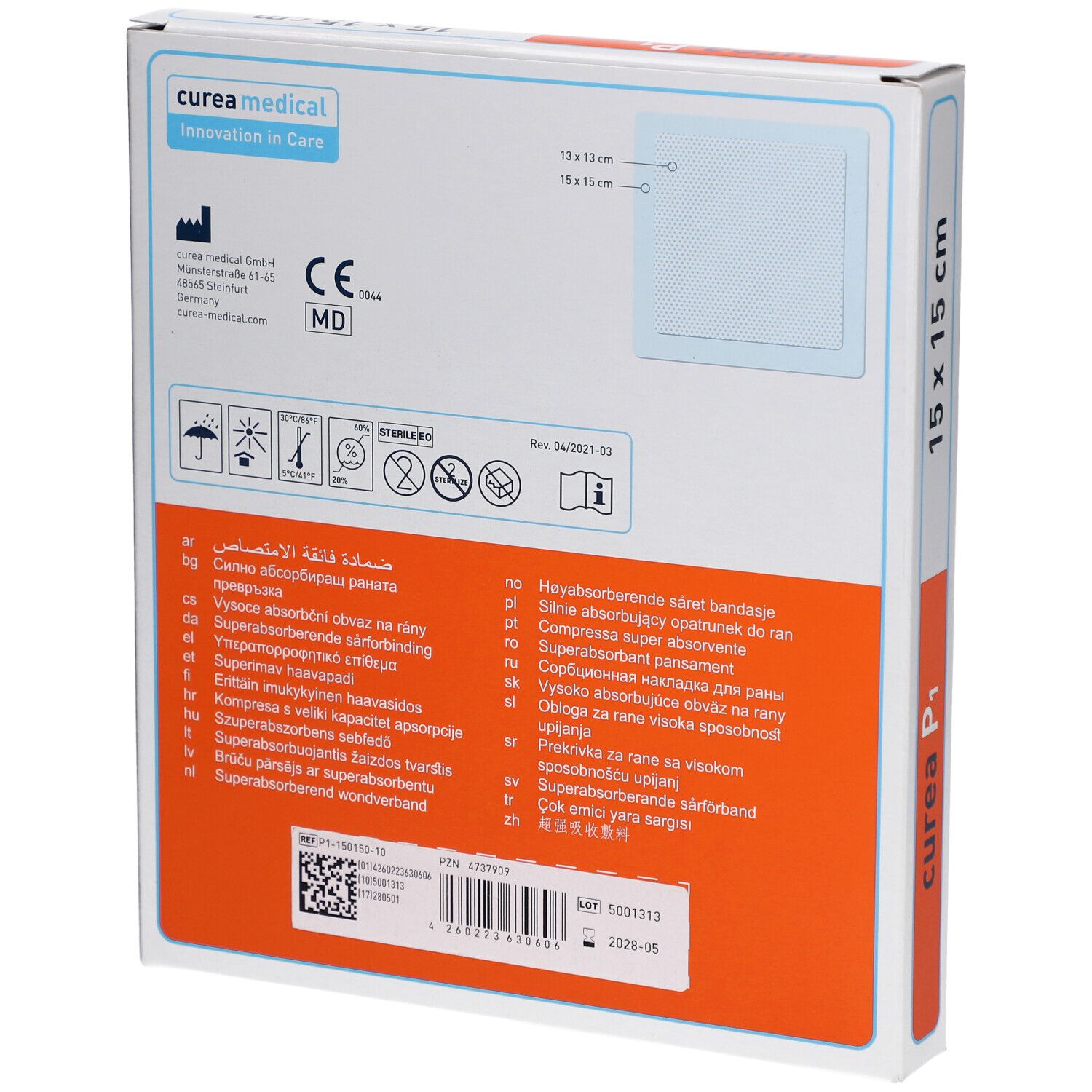 Rückseite der curea P1 Wundverband-Verpackung. Informationen in verschiedenen Sprachen, CE-Kennzeichnung, Größe 15 x 15 cm.