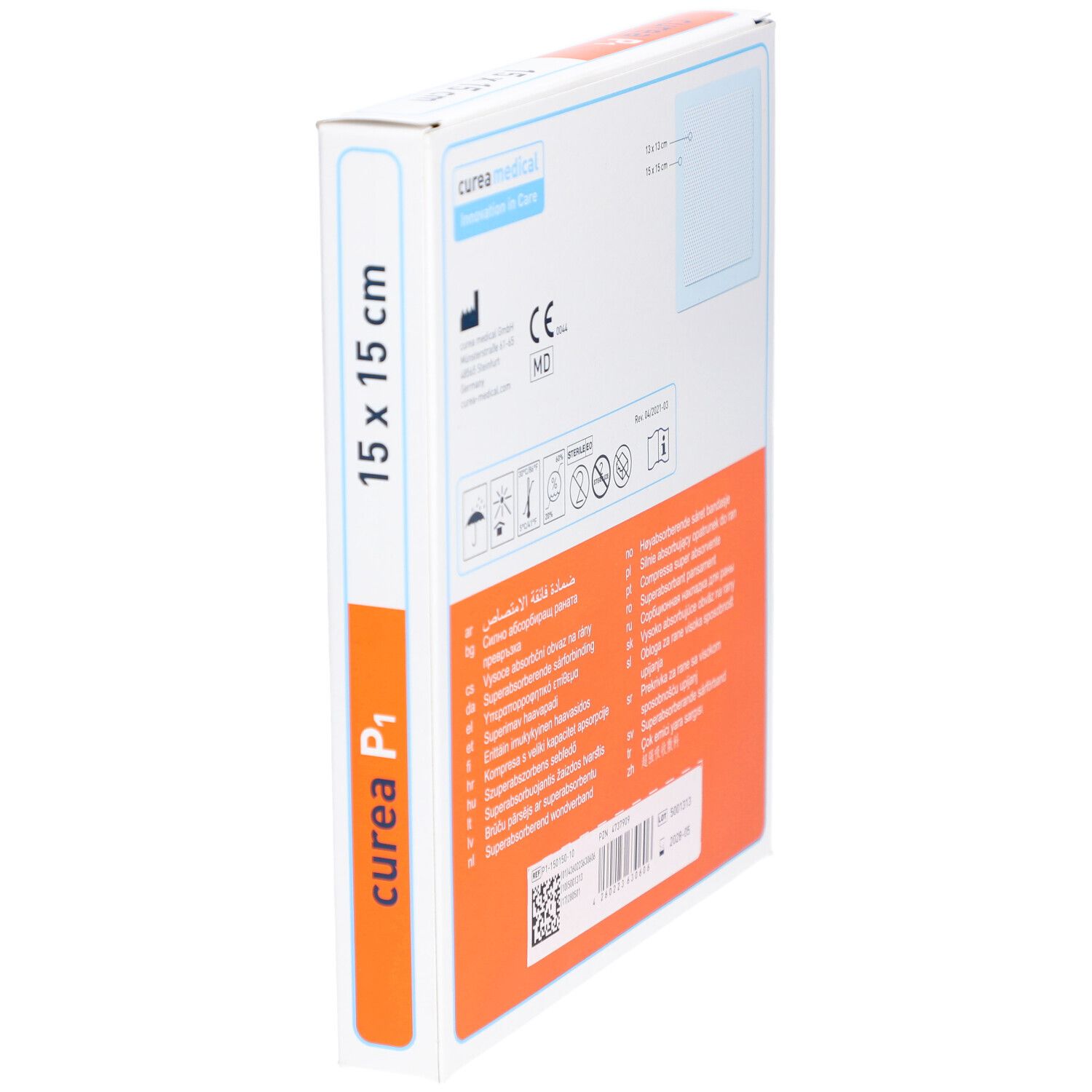 curea P1 Wundverband-Verpackung, Seitenansicht. Informationen und CE-Kennzeichnung. Größe: 15 x 15 cm.