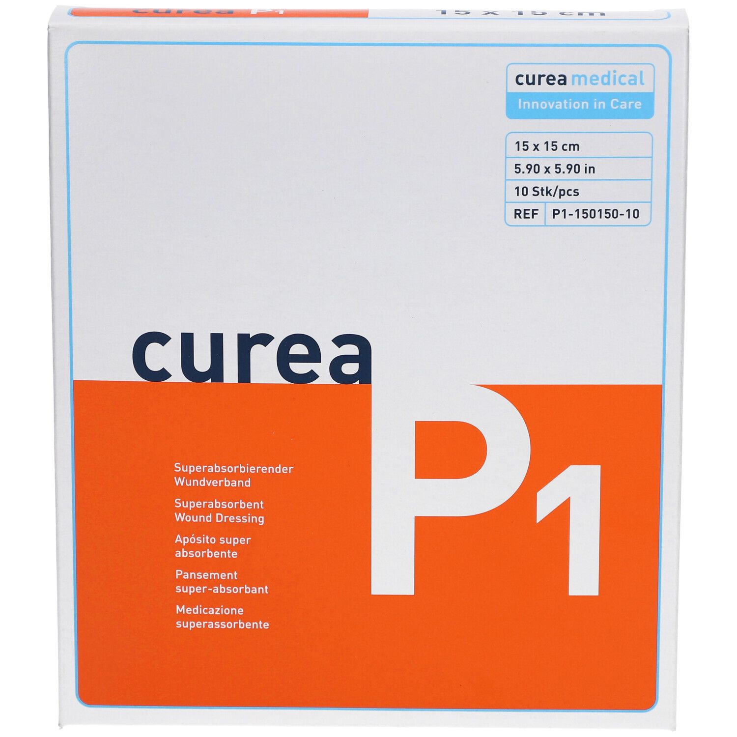 curea P1 Wundverband-Verpackung. Weiß-orangefarbener Karton mit Produktinformationen und Logo. Größe: 15 x 15 cm.