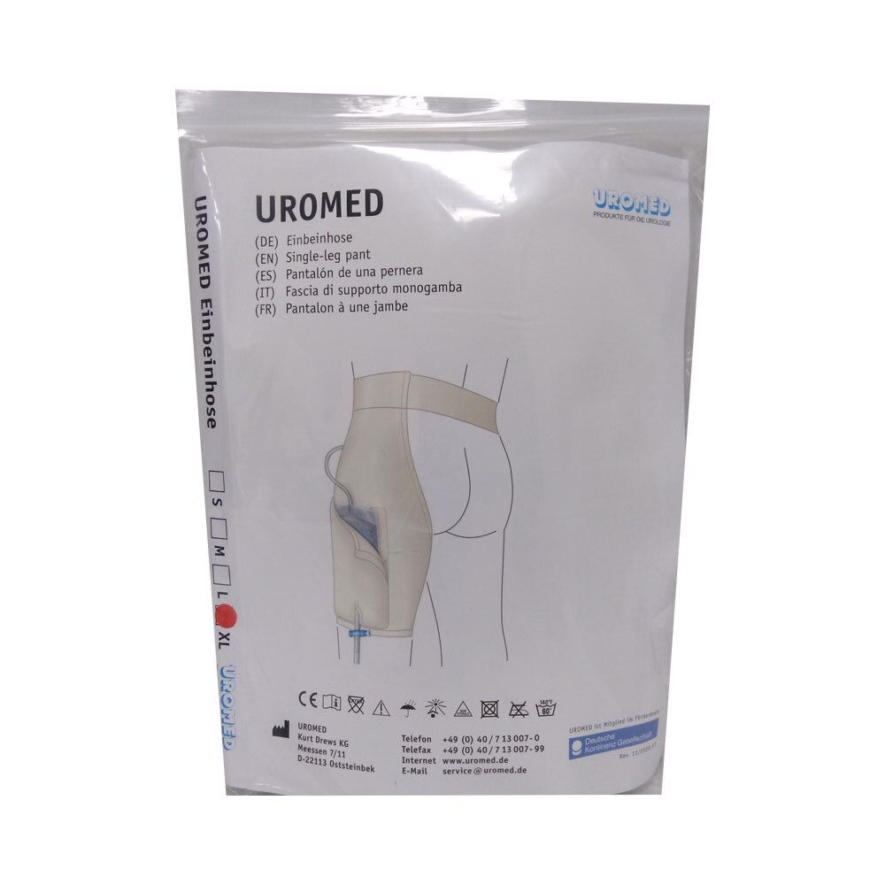 UROMED Einbeinhose in Verpackung. Beige Hose mit Beinansatz und Schlauch. CE-Kennzeichnung.