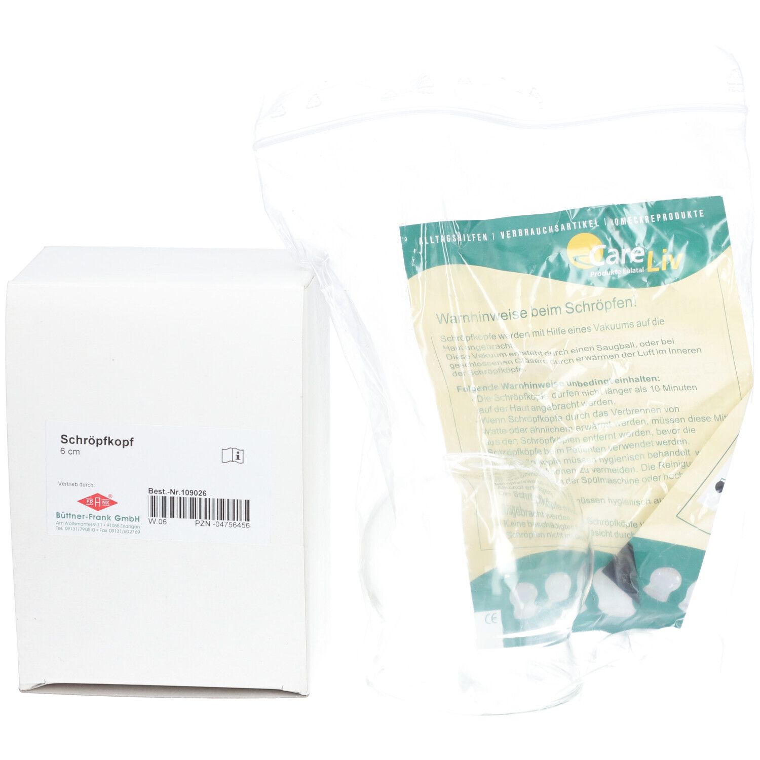 Schröpfkopf in Verpackung. Weiße Box, transparente Tüte mit Produktinformationen. Barcode und Logo sichtbar.