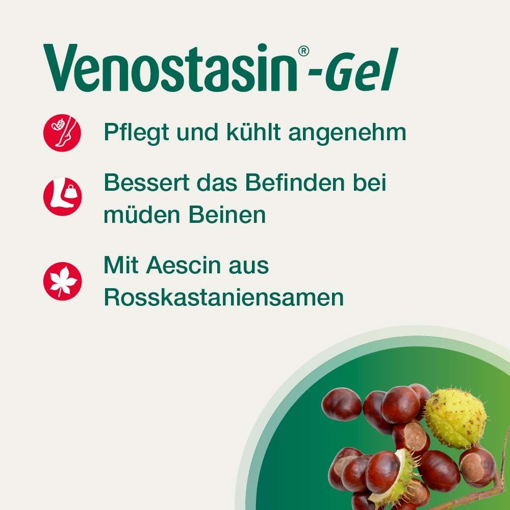 Text mit Icons: Pflegt und kühlt, bessert müde Beine, mit Aescin aus Rosskastaniensamen. Hintergrund: Kastanien.