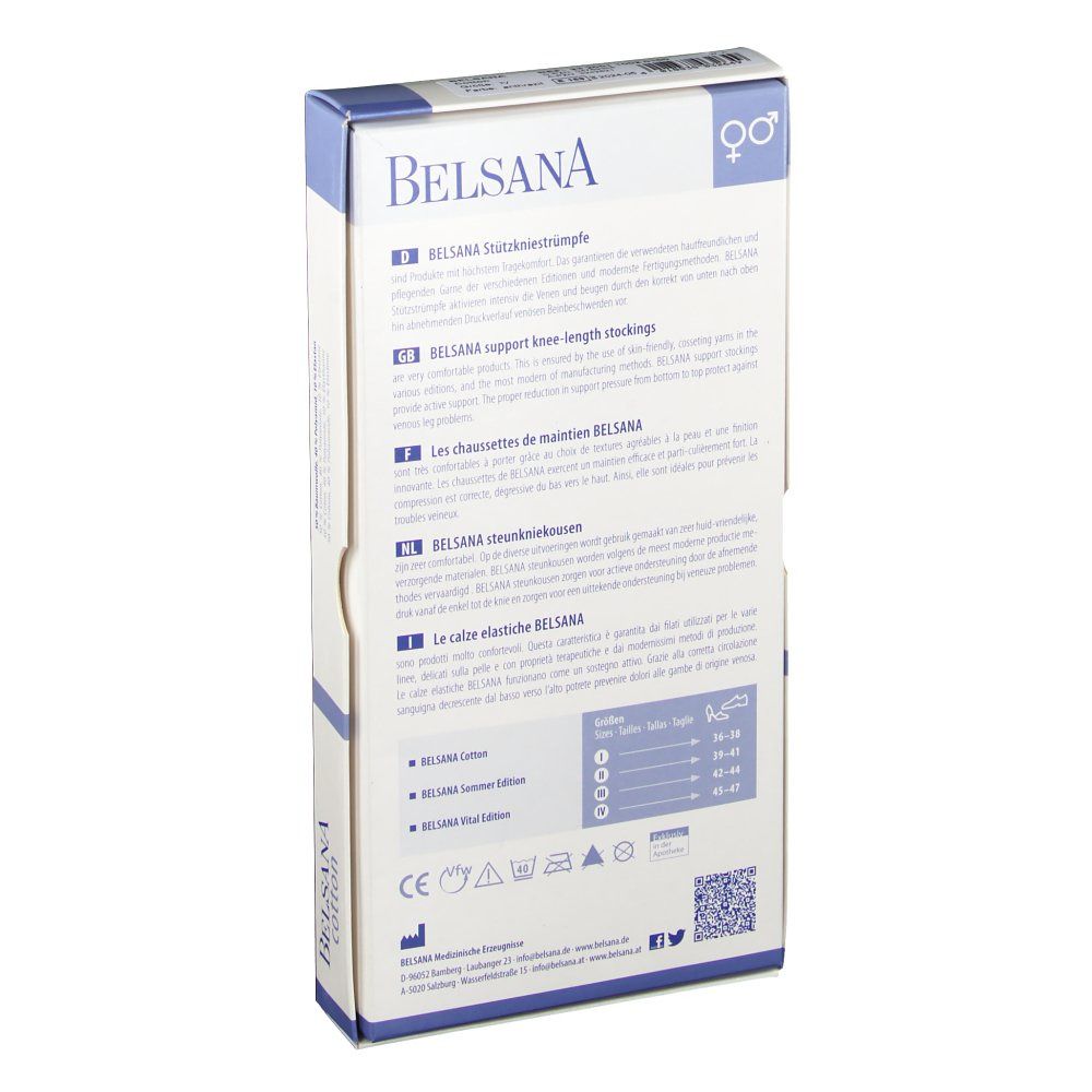 Rückseite der BELSANA Cotton Stützkniestrumpf Verpackung. Text: Stützkniestrümpfe, Größenangaben, Waschsymbole.