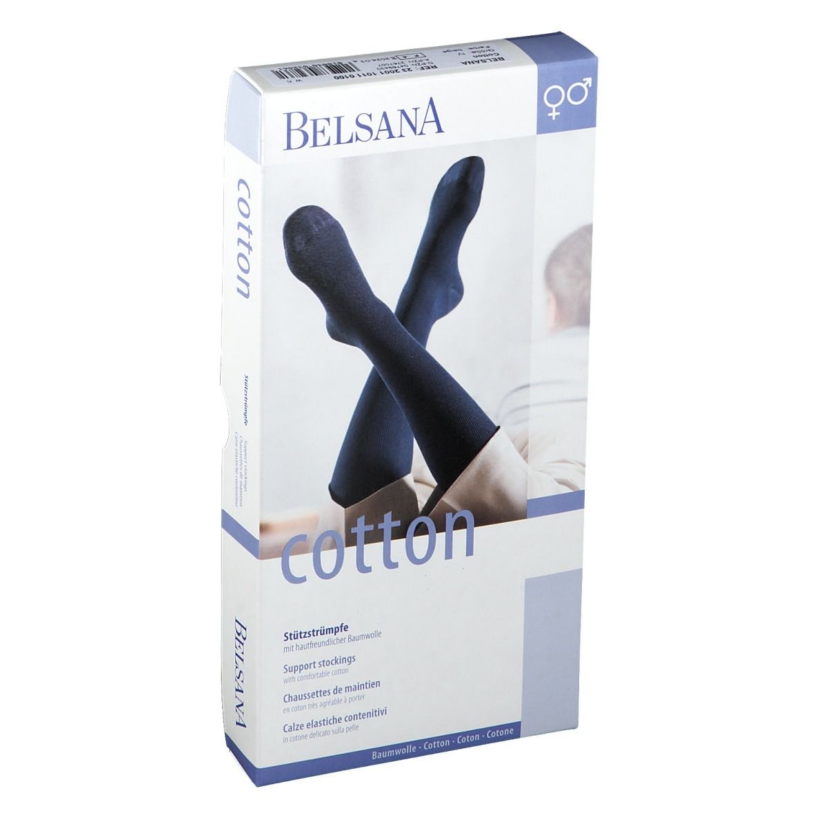 BELSANA Cotton Stützkniestrumpf in Verpackung. Blaue Kniestrümpfe, teilweise sichtbar. Text: Cotton, Stützstrümpfe.
