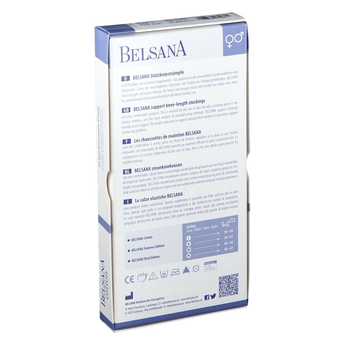 Rückseite der BELSANA Cotton Verpackung. Text in mehreren Sprachen. Größenangaben. Logo BELSANA.