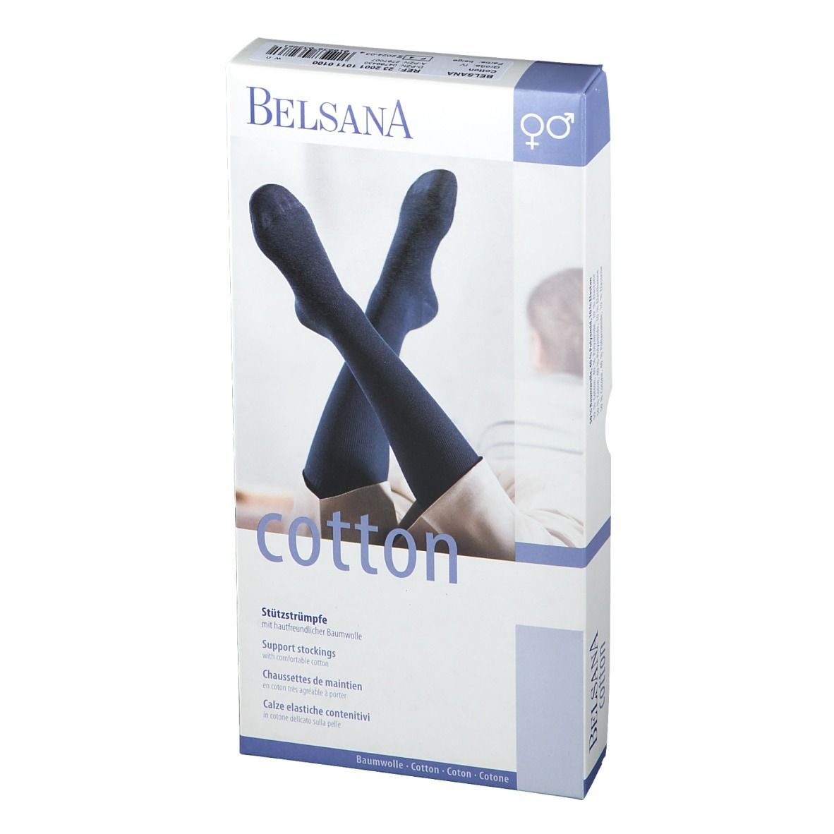 BELSANA Cotton Stützkniestrumpf in Verpackung. Blaue Kniestrümpfe, teilweise sichtbar. Text: Cotton, Stützstrümpfe.