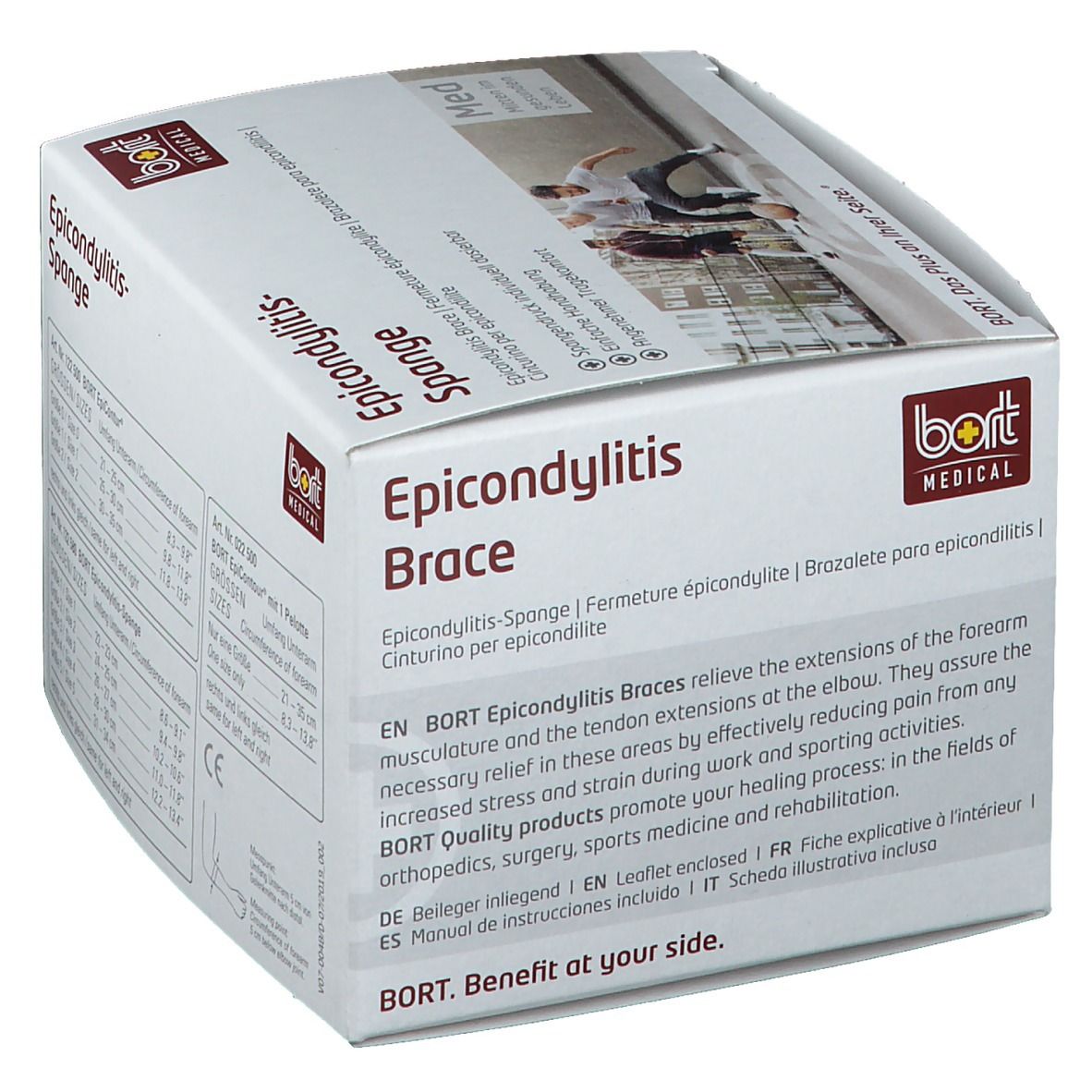 Verpackung der EpiContur Spange. Text: EpiContur Spange, BORT Medical. Produktbeschreibung in Englisch und Deutsch.