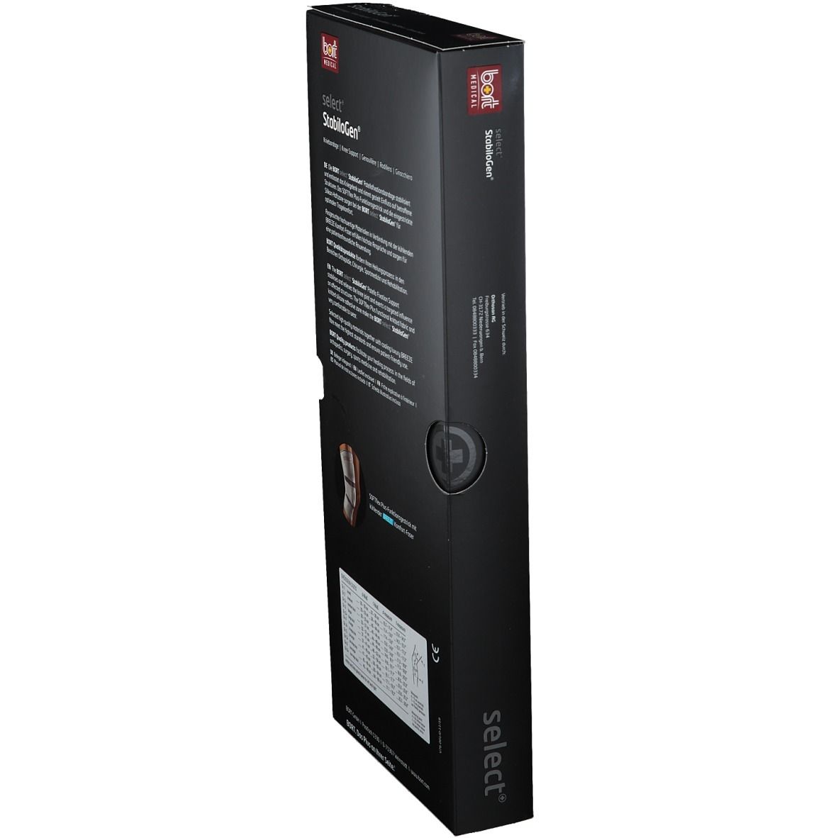 Schwarze Produktverpackung, seitliche Ansicht. Aufdruck: BORT select StabiloGen®. Produktabbildung und Text.