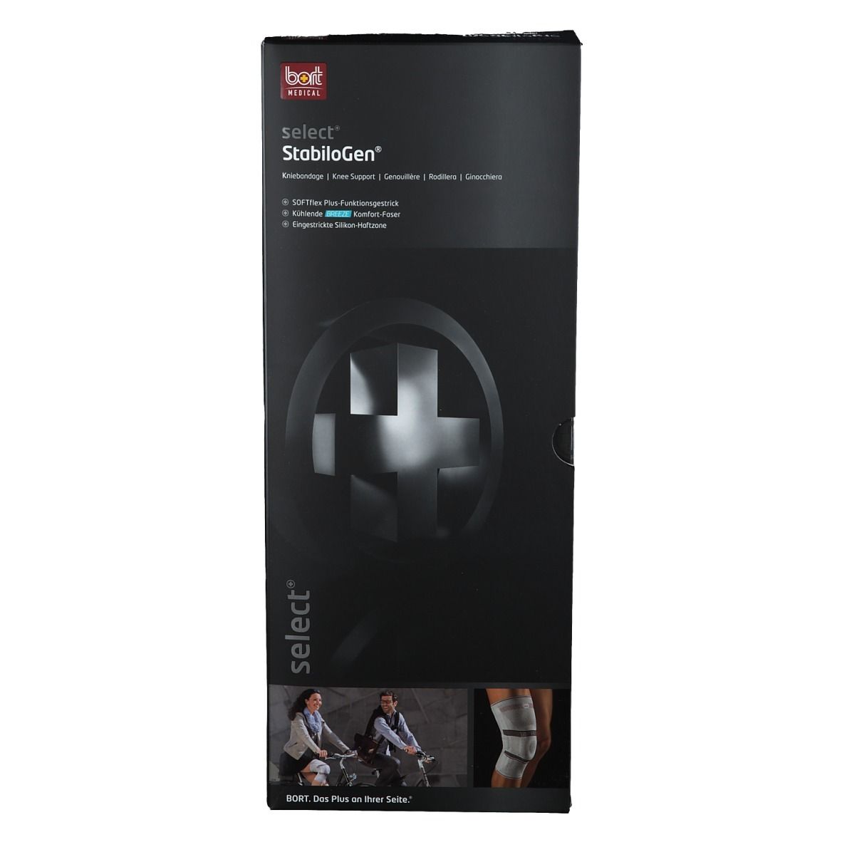 Schwarze Produktverpackung, Vorderseite. Aufdruck: BORT select StabiloGen®. Produktabbildung und Text.