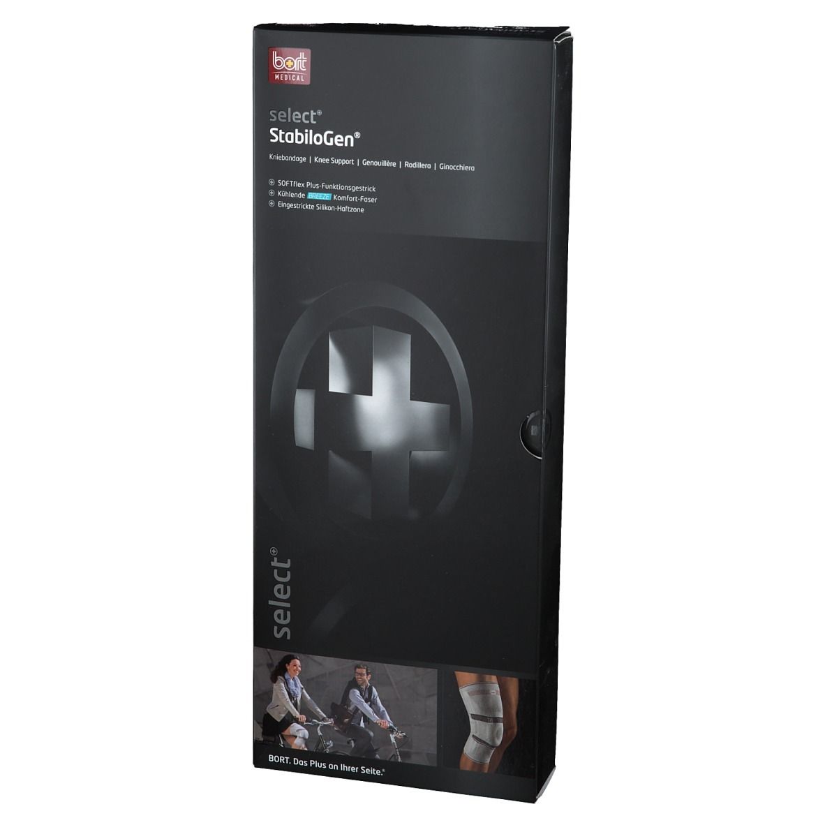 Schwarze Produktverpackung, Vorderseite. Aufdruck: BORT select StabiloGen®. Produktabbildung und Text.