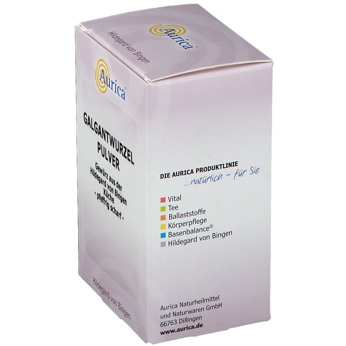 Aurica Galgantwurzelpulver, Verpackung. Text: Galgantwurzel Pulver, Hildegard von Bingen.