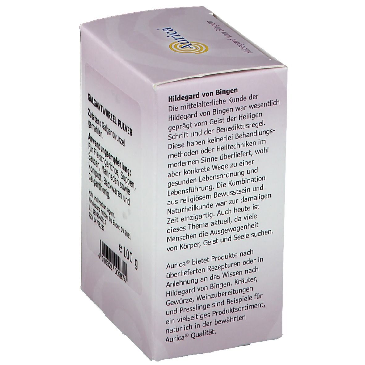 Aurica Galgantwurzelpulver, Verpackung. Text: Galgantwurzel Pulver, Hildegard von Bingen, 100 g.