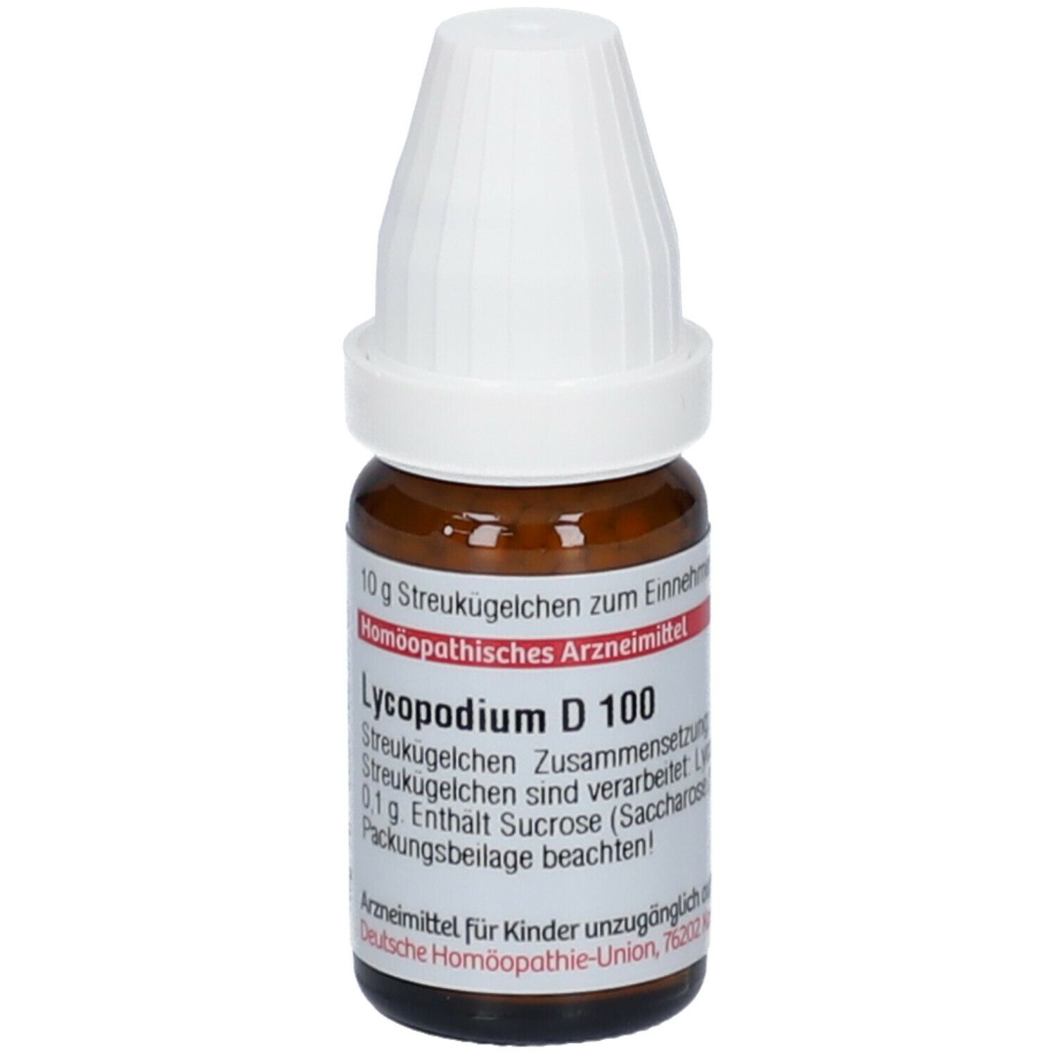 Braune Glasflasche mit weißem Deckel. Auf dem Etikett steht Lycopodium D 100. Homöopathisches Arzneimittel.
