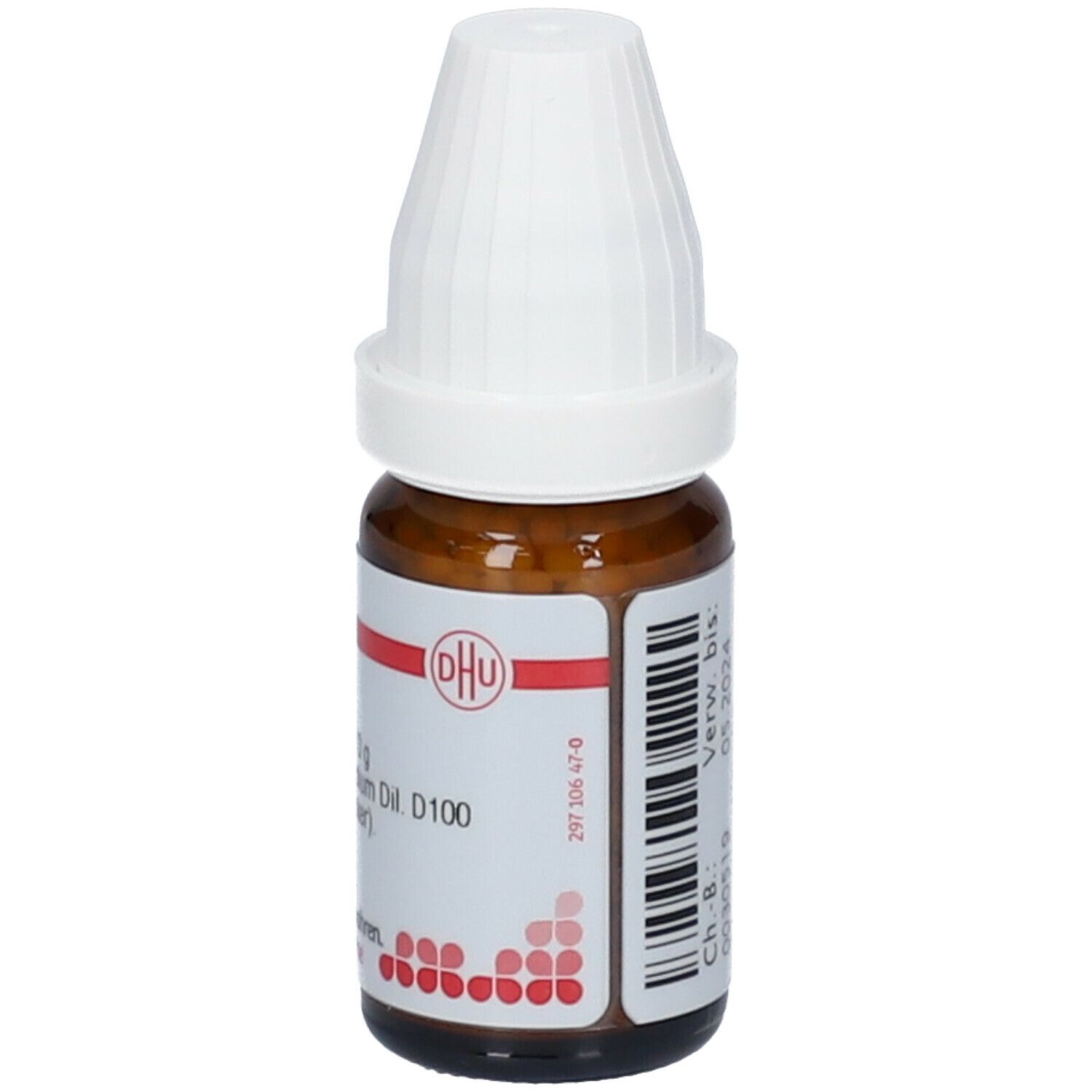Braune Glasflasche mit weißem Deckel. Etikett mit Barcode und Text: Lycopodium D 100. Homöopathisches Arzneimittel.