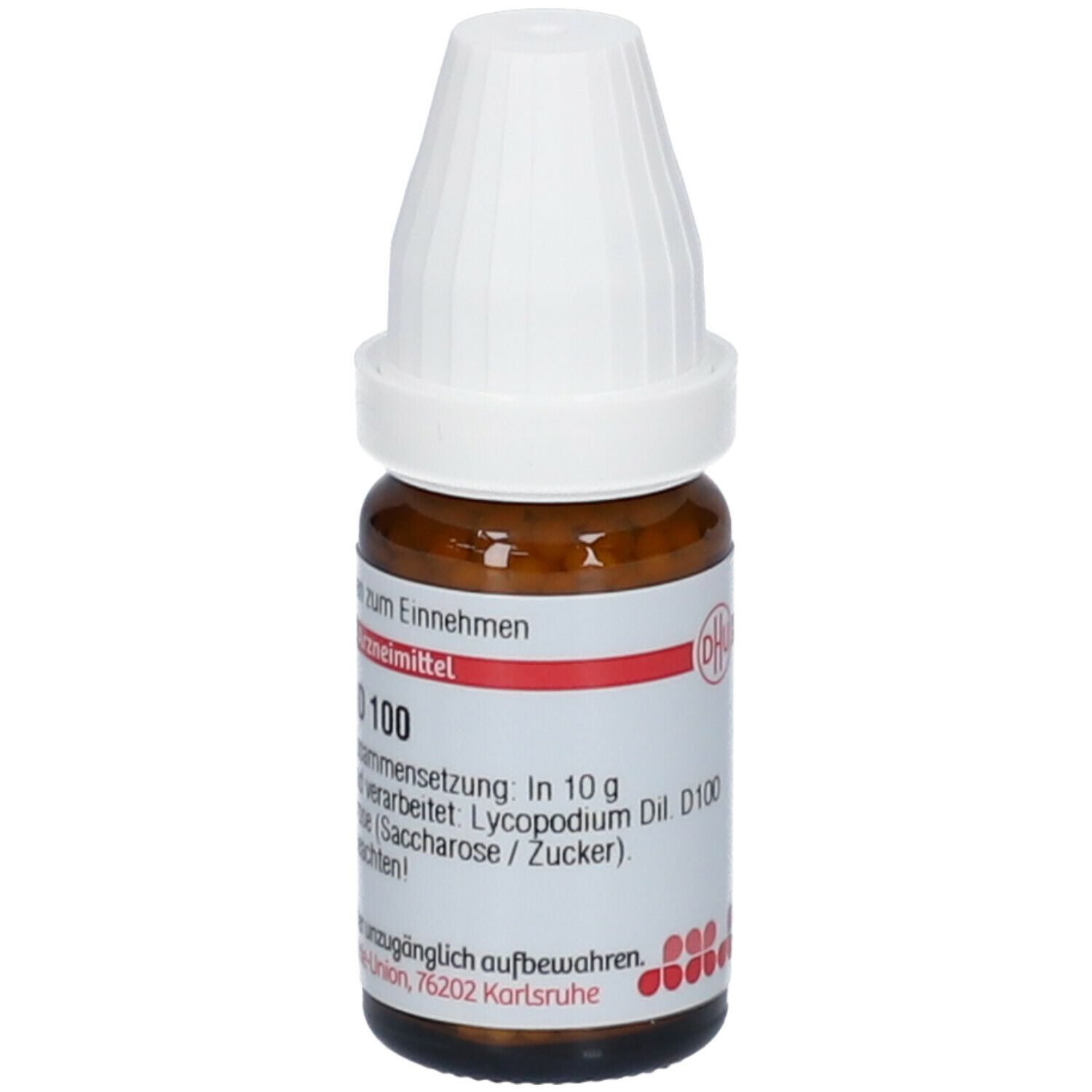 Braune Glasflasche mit weißem Deckel. Auf dem Etikett steht Lycopodium D 100. Homöopathisches Arzneimittel.