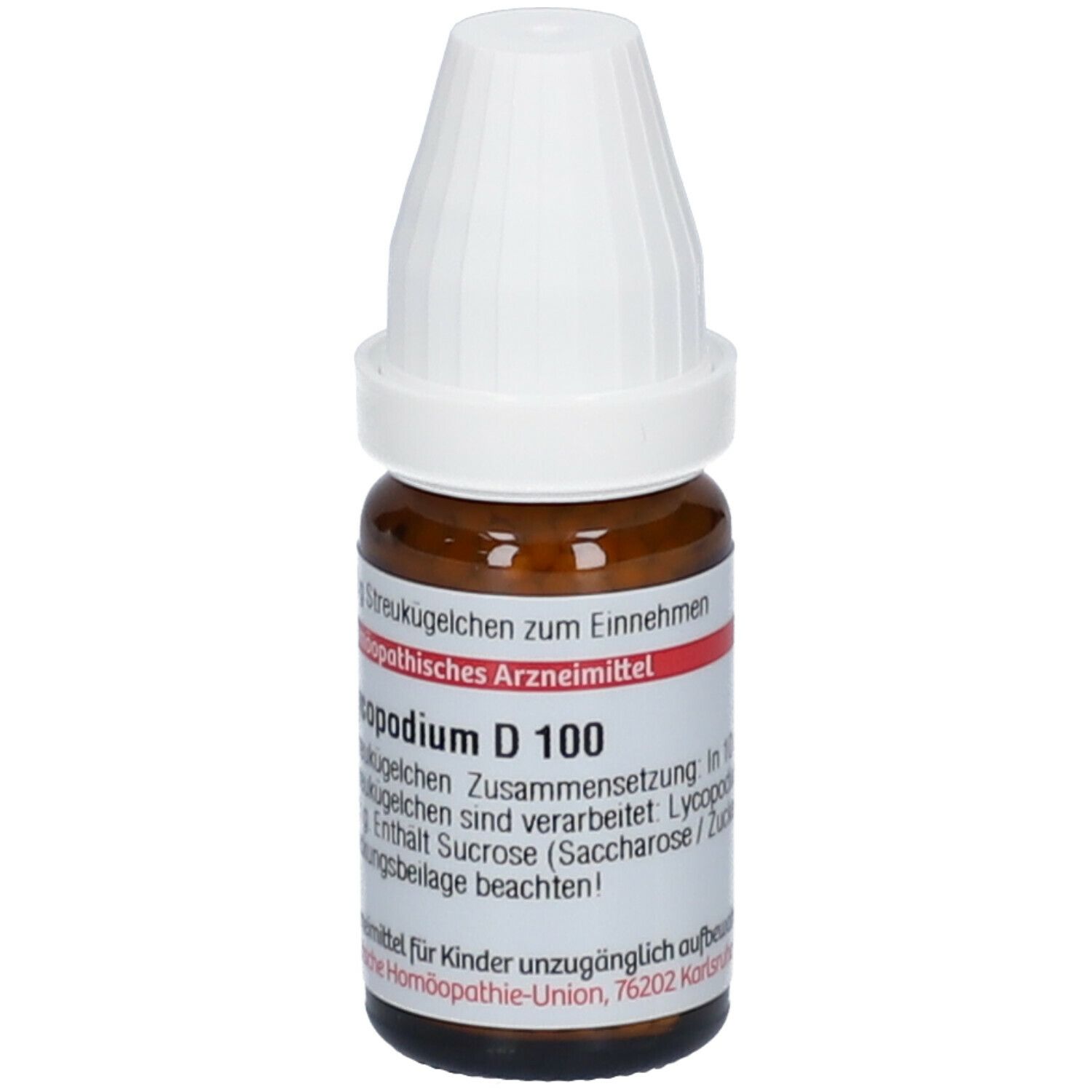 Braune Glasflasche mit weißem Deckel. Auf dem Etikett steht Lycopodium D 100. Homöopathisches Arzneimittel.