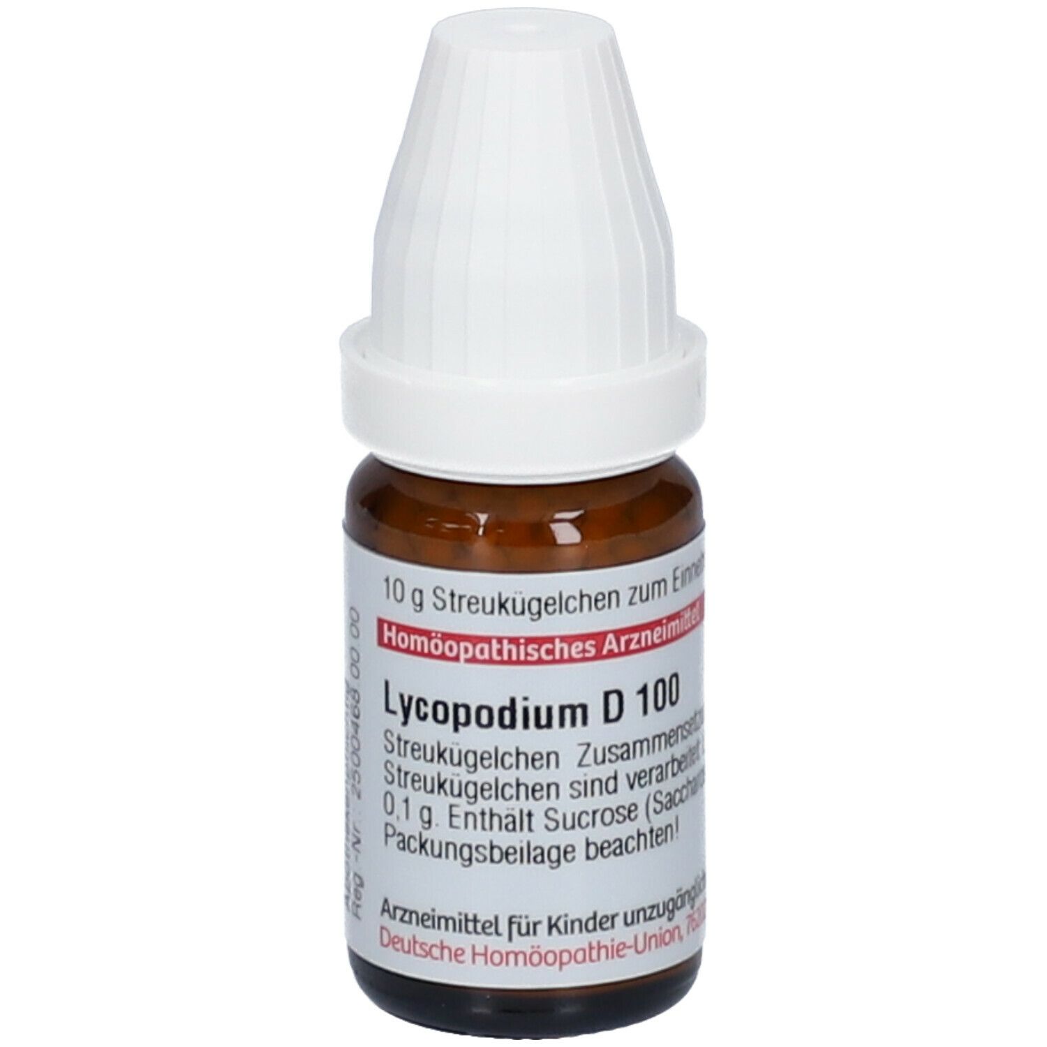 Braune Glasflasche mit weißem Deckel. Auf dem Etikett steht Lycopodium D 100. Homöopathisches Arzneimittel.