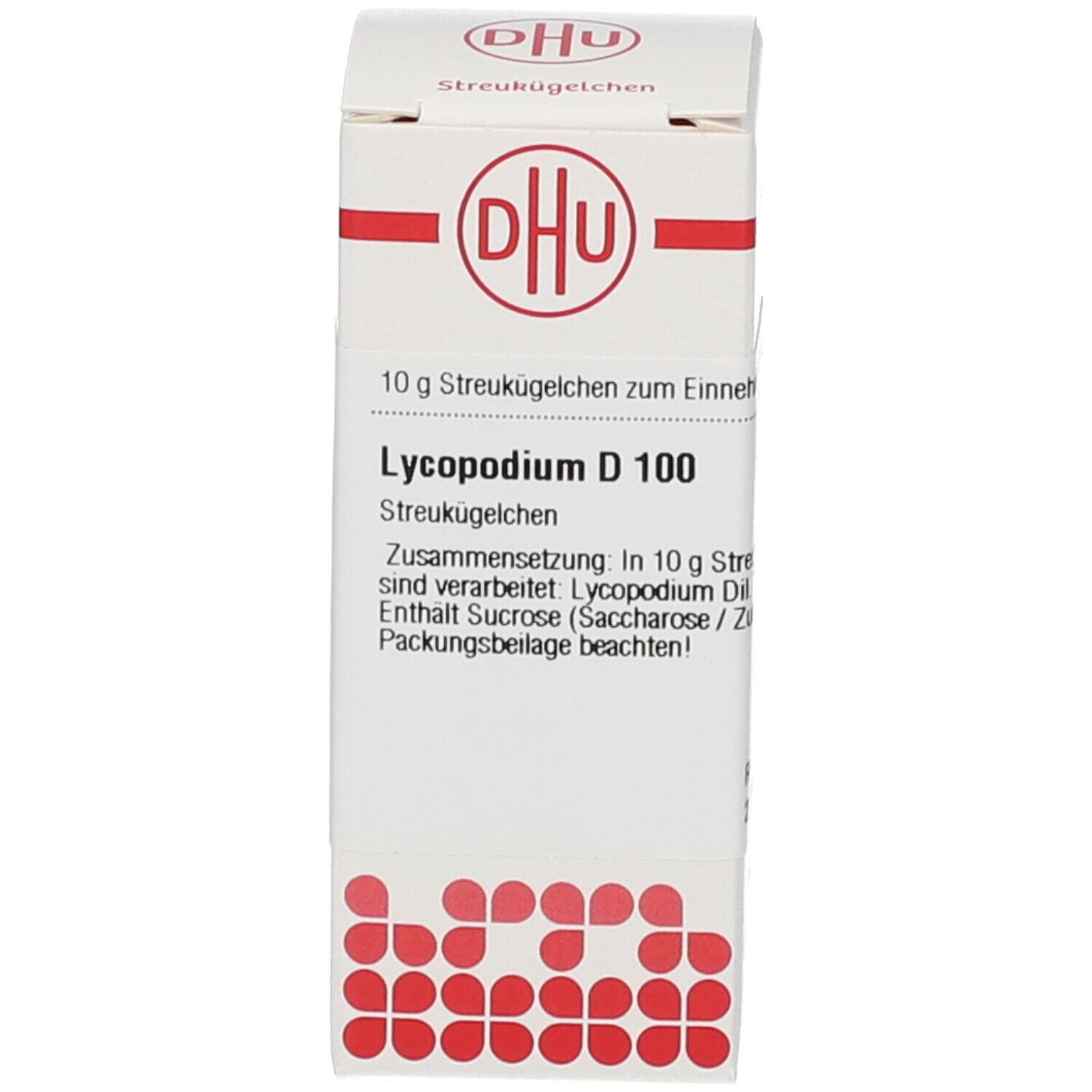 Produktverpackung mit Text: DHU, Lycopodium D 100. Homöopathisches Arzneimittel. Weiße Schachtel mit roter Schrift.