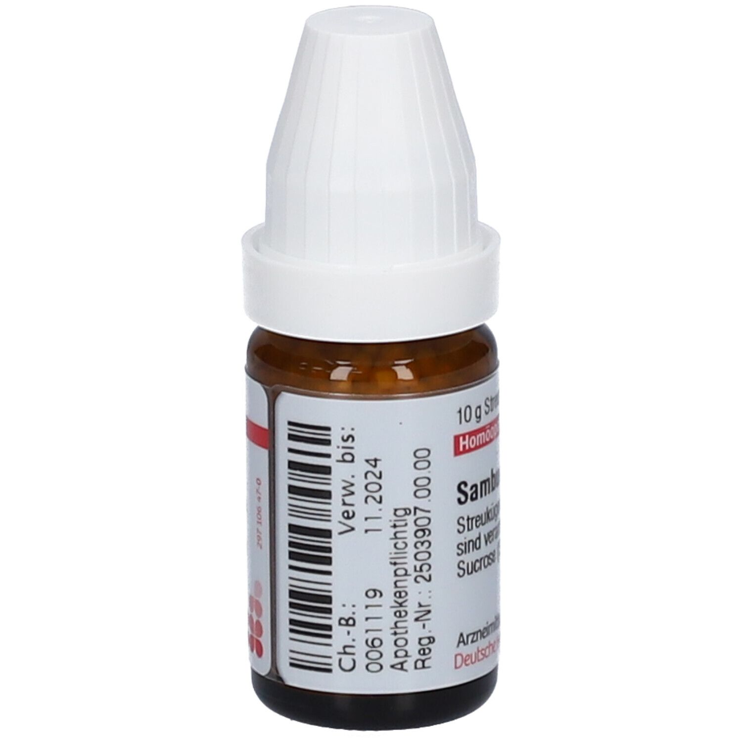 Braune Glasflasche mit weißem Deckel. Beschriftung: DHU Sambucus nigra D10, 10 g Streukügelchen. Verwendbar bis 11.2024.
