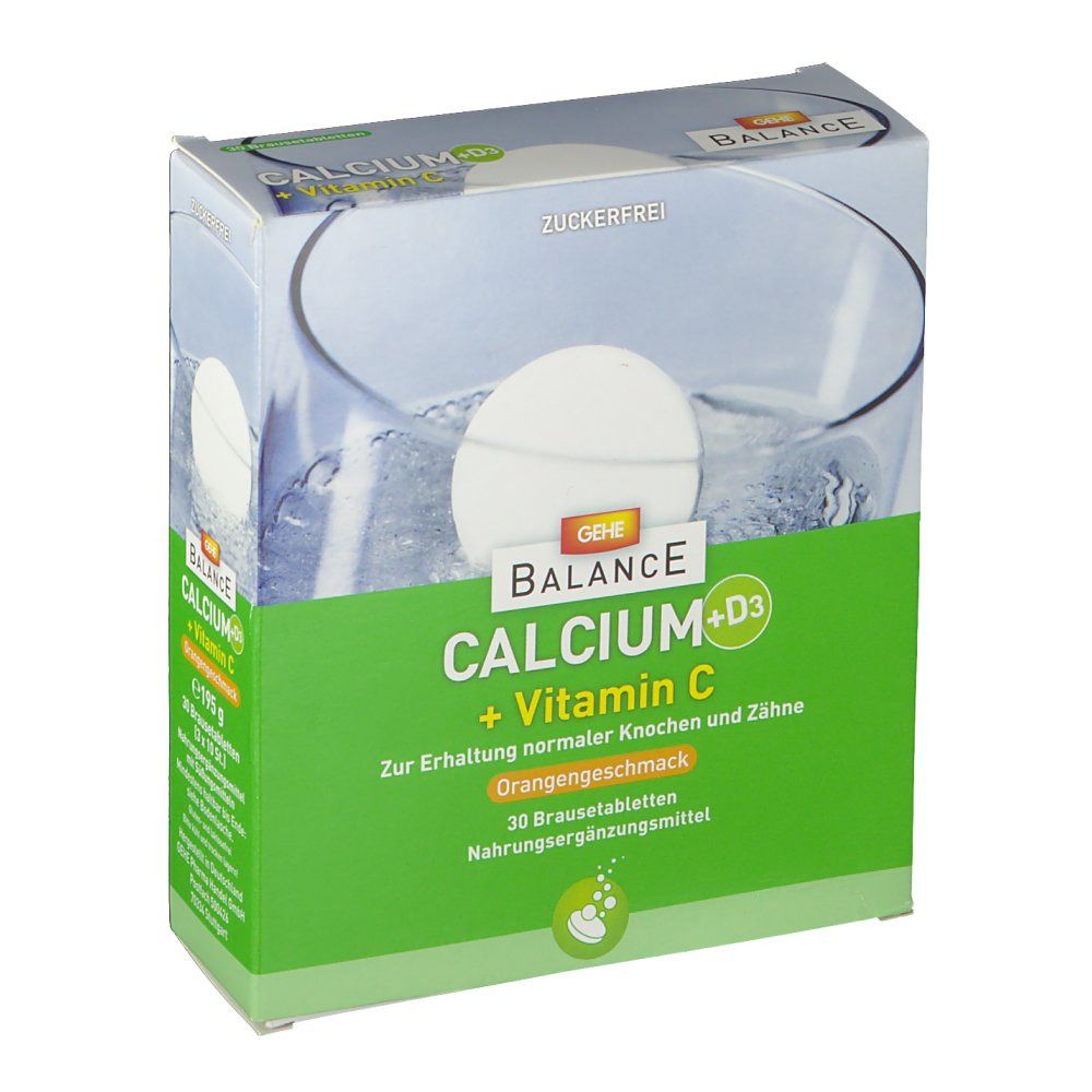 Verpackung von GEHE Balance Calcium + Vitamin C. Grün-weißes Design mit Produktnamen und Zusatzinformationen. 30 Brausetabletten.